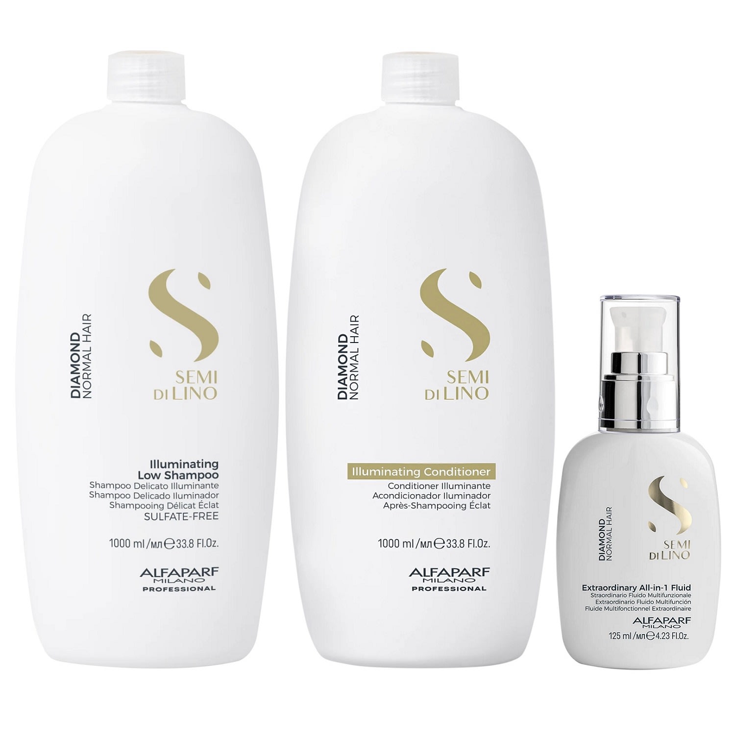 Kit Alfaparf Semi Di Lino Diamond - Shampoo 1L + Condicionador 1L + Fluído 125ml