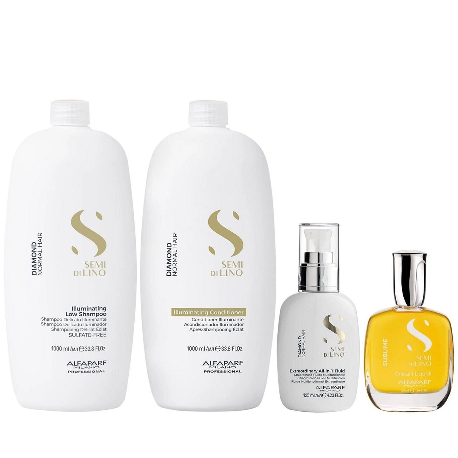 Kit Alfaparf Semi Di Lino Diamond - Shampoo 1L + Condicionador 1L + Fluído 125ml + Cristalli 50ml