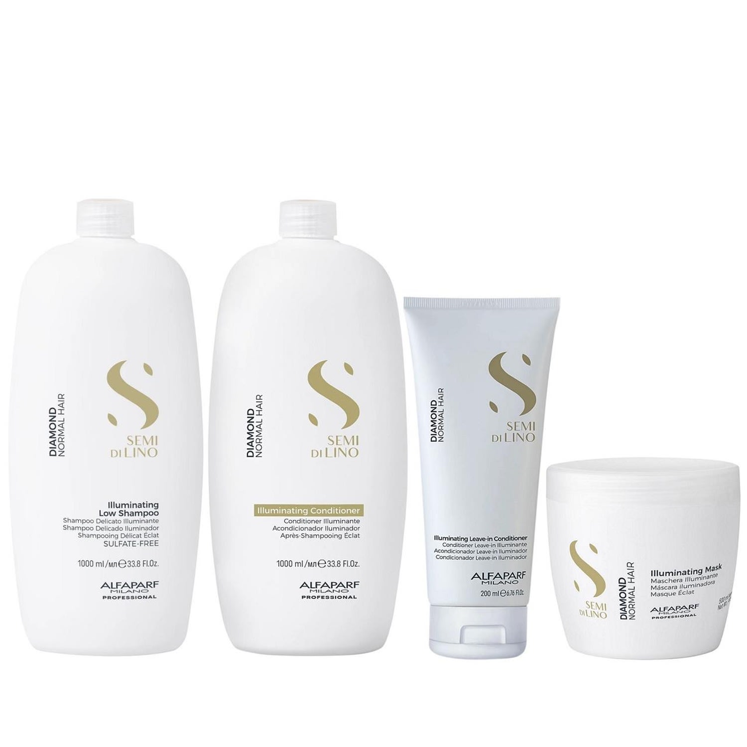 Kit Alfaparf Semi Di Lino Diamond - Shampoo 1L + Condicionador 1L + Máscara 500ml + Leave in 200ml