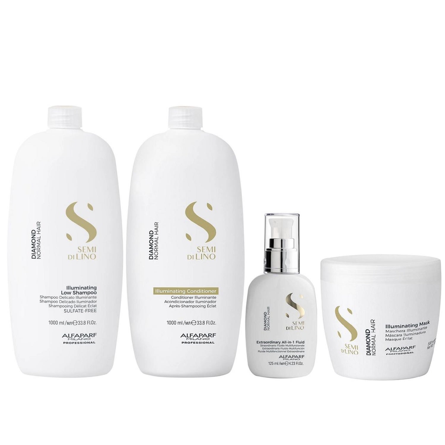 Kit Alfaparf Semi Di Lino Diamond - Shampoo 1L + Condicionador 1L + Máscara 500ml + Fluído 125ml