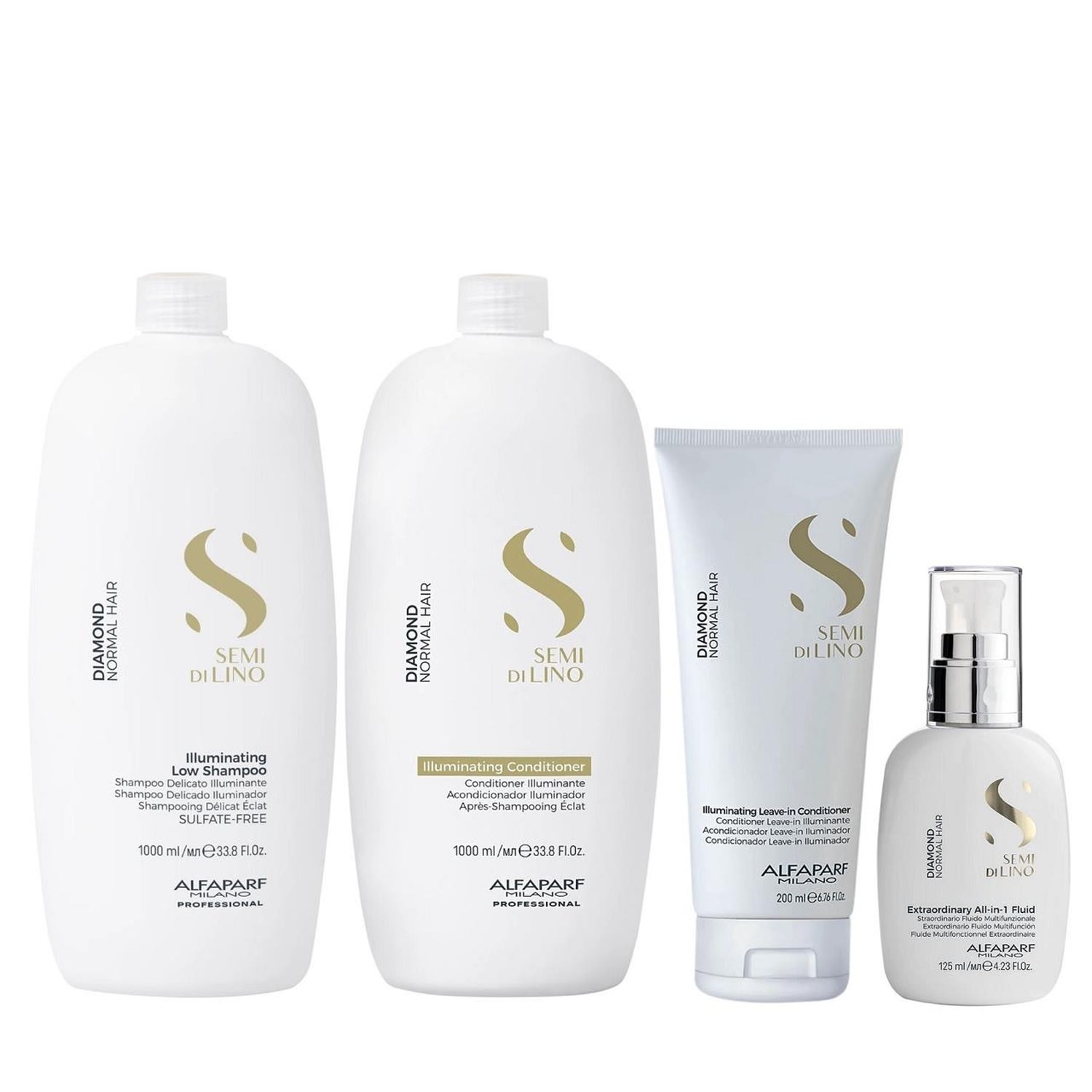 Kit Alfaparf Semi Di Lino Diamond - Shampoo 1L + Condicionador 1L + Leave in 200ml + Fluído 125ml