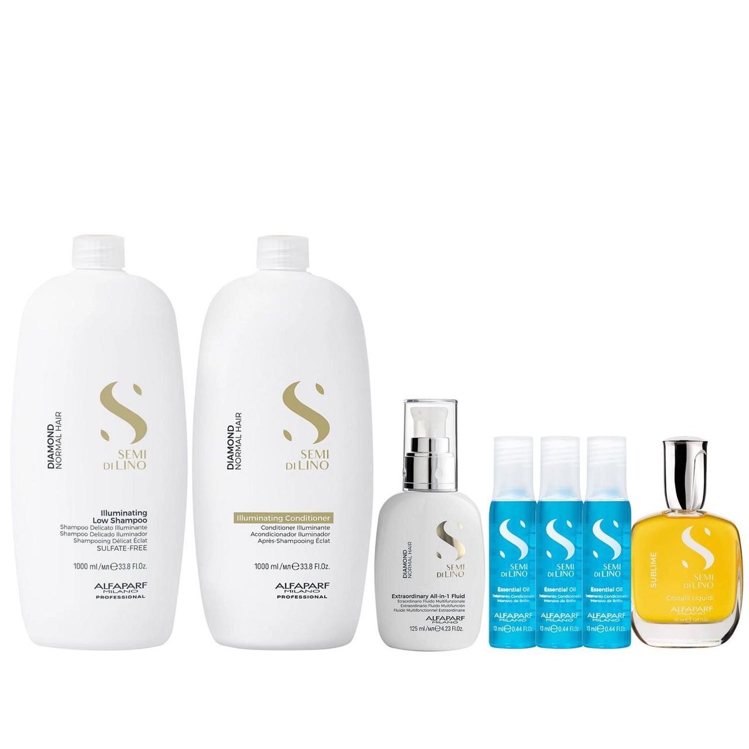 Kit Alfaparf Semi Di Lino Diamond - Shampoo 1L + Condicionador 1L + Cristalli 50ml + Fluido 125ml + 3x Ampola 13ml