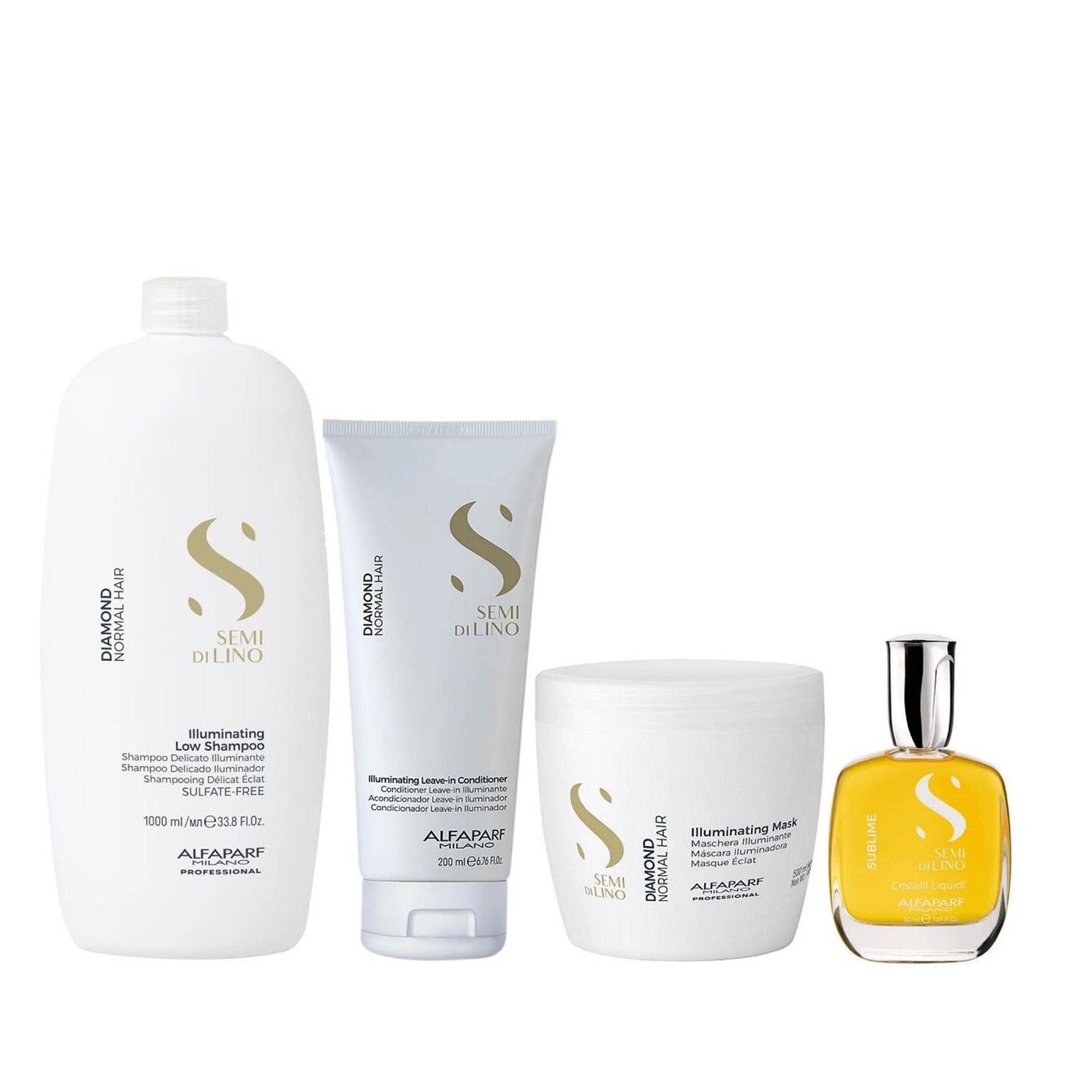 Kit Alfaparf Semi Di Lino Diamond - Shampoo 1L + Máscara 500ml + Leave in 200ml + Cristalli 50ml