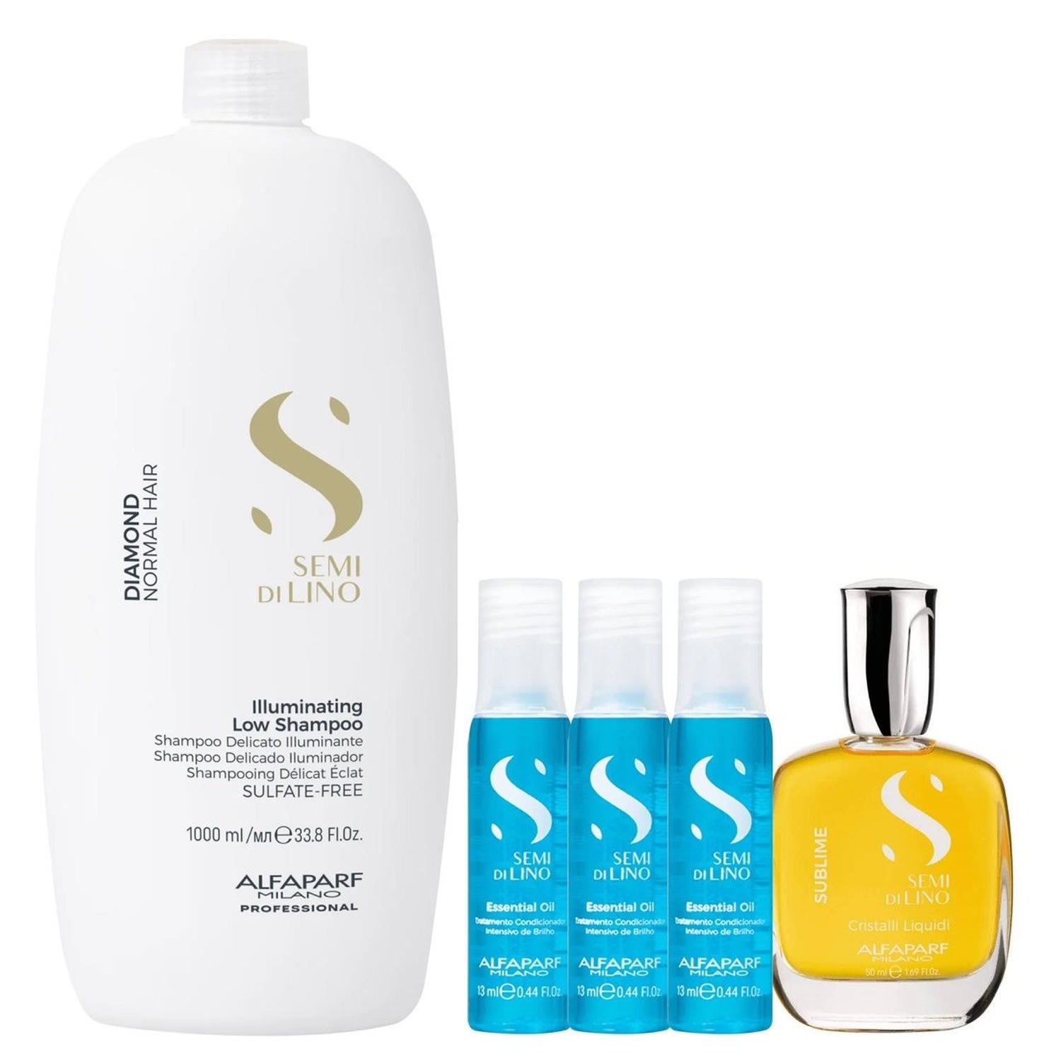 Kit Alfaparf Semi Di Lino Diamond - Shampoo 1L + Cristalli 50ml + 3x Ampola 13ml