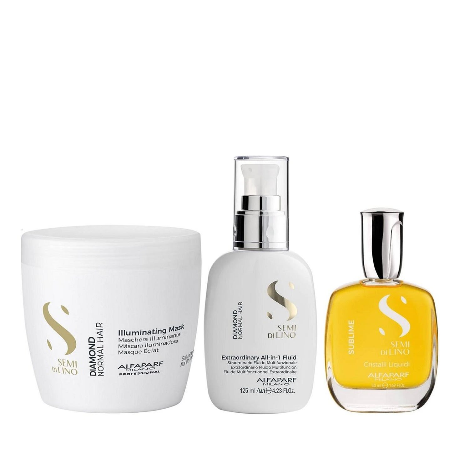 Kit Alfaparf Semi Di Lino Diamond - Máscara 500ml + Fluído 125ml + Cristalli 50ml