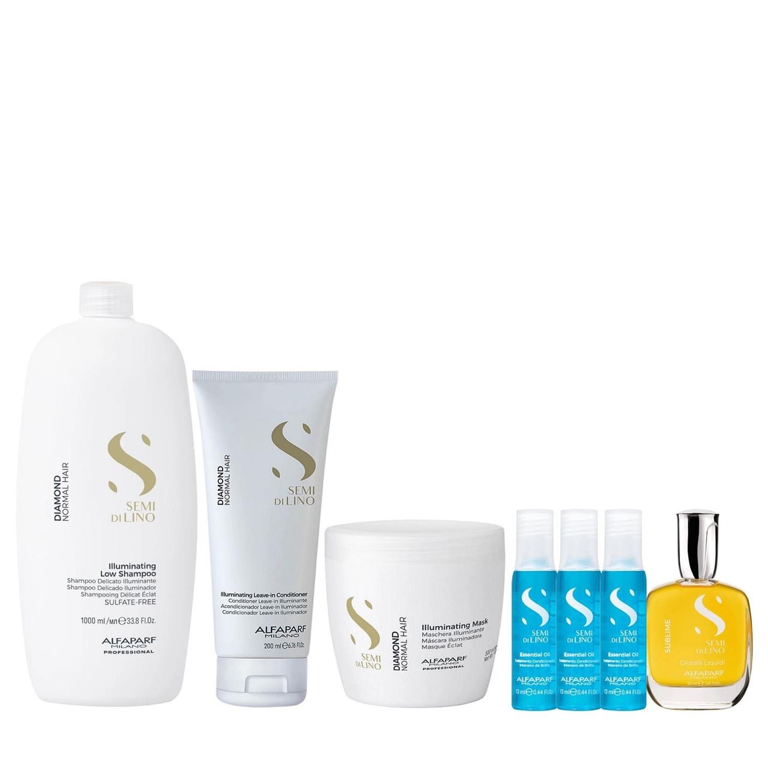 Kit Alfaparf Semi Di Lino Diamond - Shampoo 1L + Máscara 500ml + Leave in 200ml + Cristalli 50ml + 3x Ampola 13ml