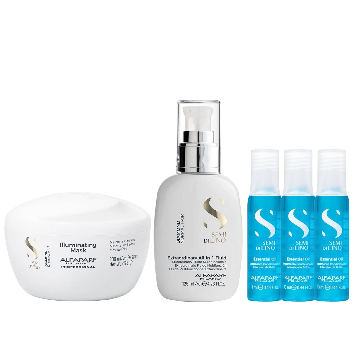 Kit Alfaparf Semi Di Lino Diamond - Máscara 200ml + Fluído 125ml + 3x Ampola 13ml