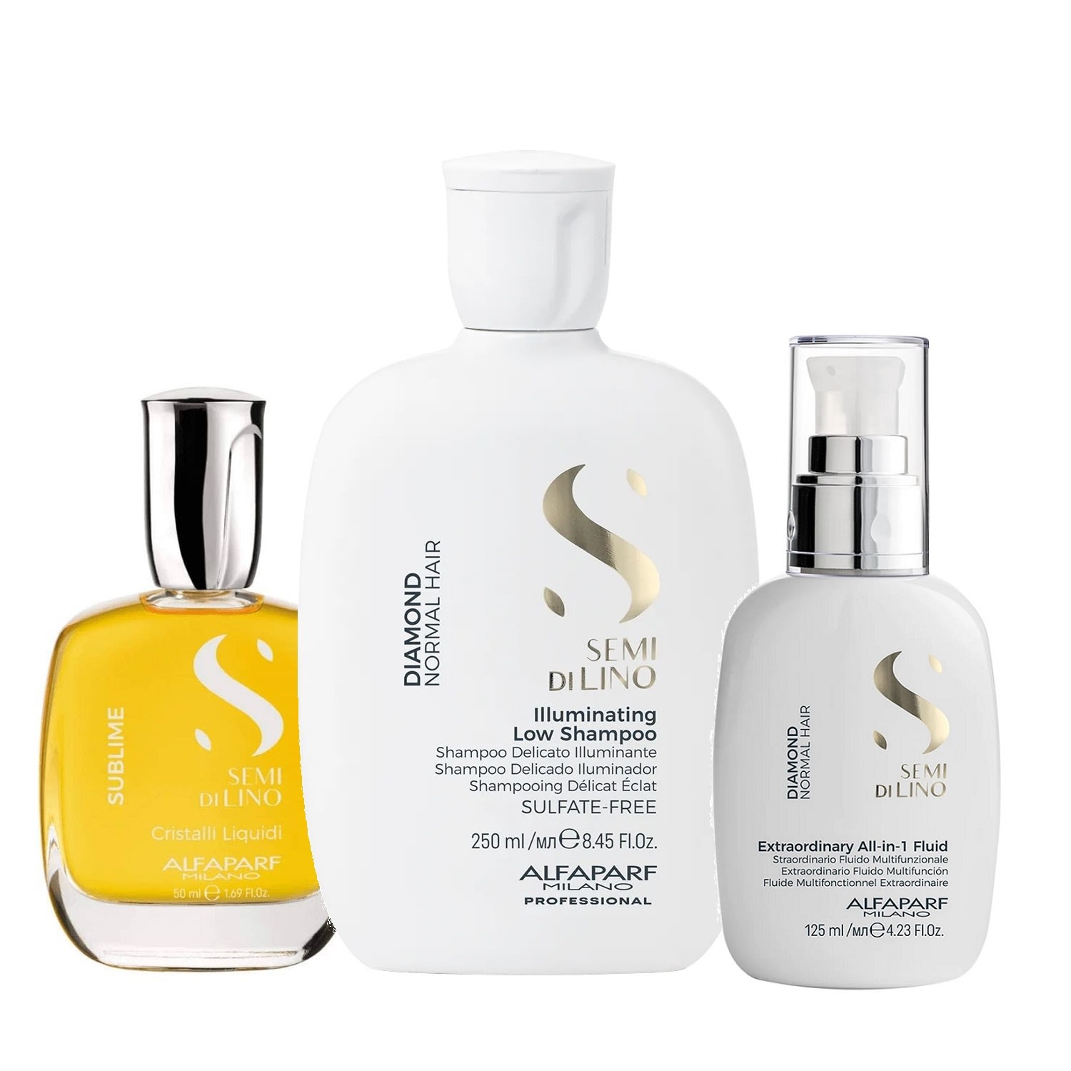 Kit Alfaparf Semi Di Lino Diamond - Shampoo 250ml + Fluído 125ml + Cristalli 50ml