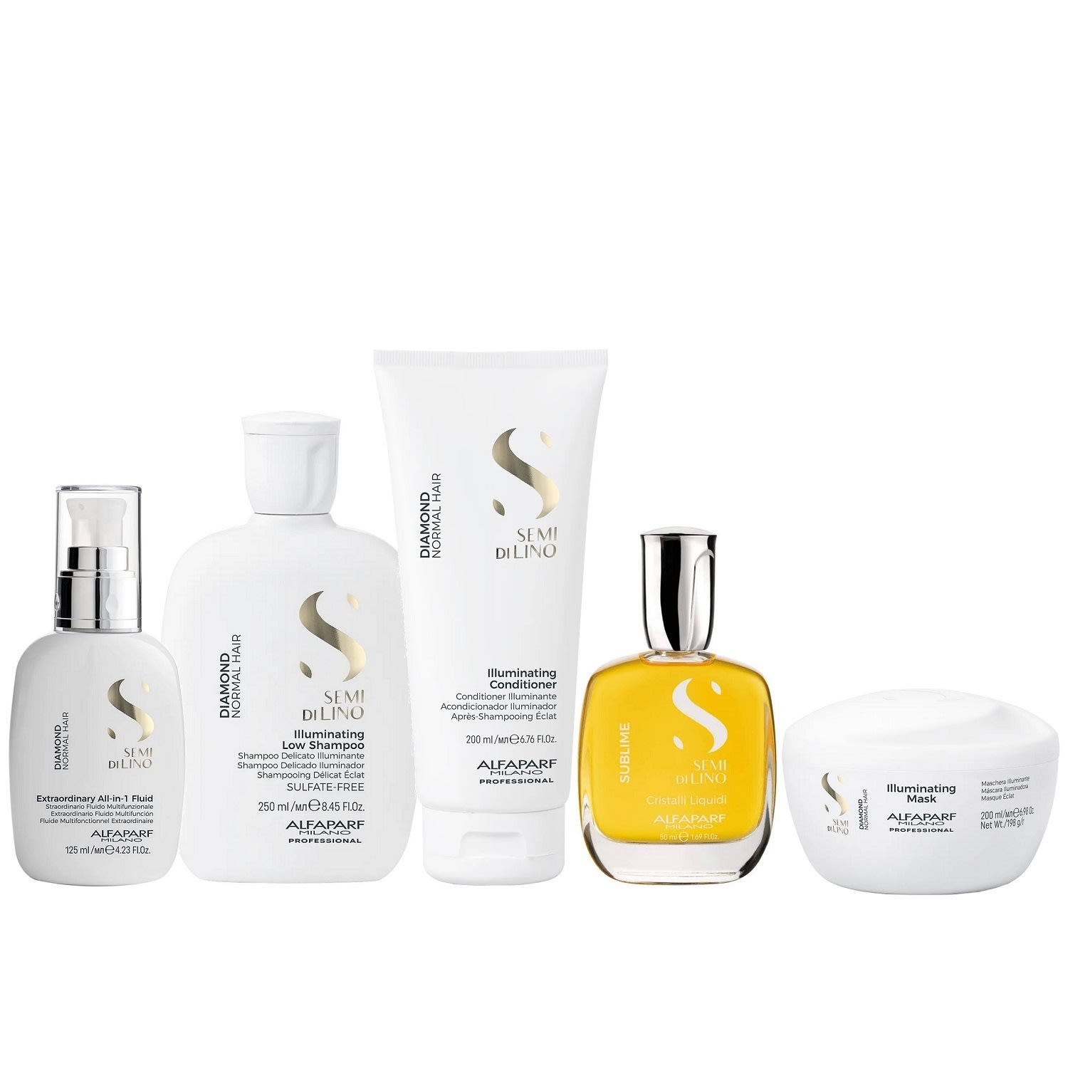 Kit Alfaparf Semi Di Lino Diamond - Shampoo 250ml + Condicionador 200ml + Máscara 200ml + Fluído 125ml + Cristalli 50ml
