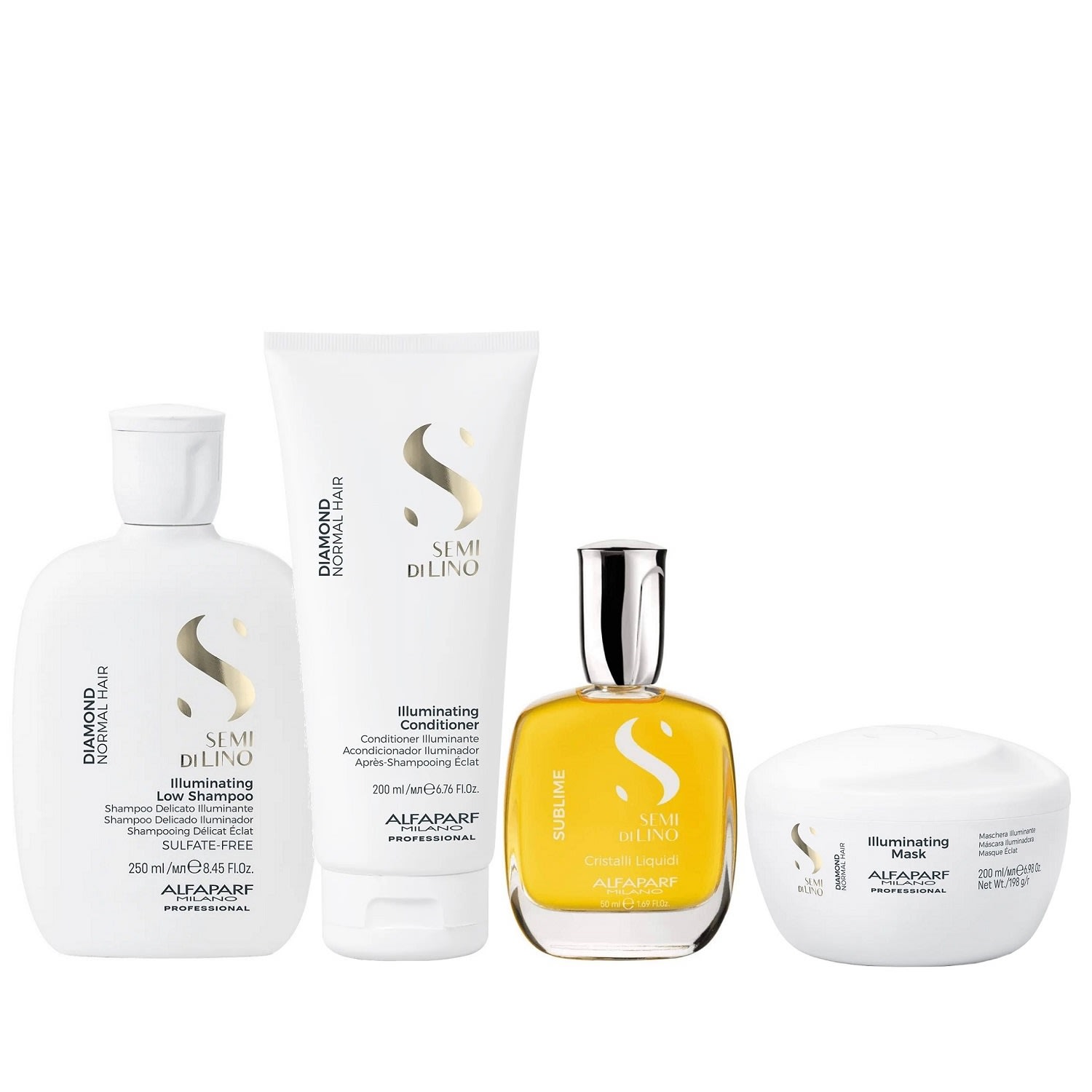 Kit Alfaparf Semi Di Lino Diamond - Shampoo 250ml + Condicionador 200ml + Máscara 200ml + Cristalli 50ml