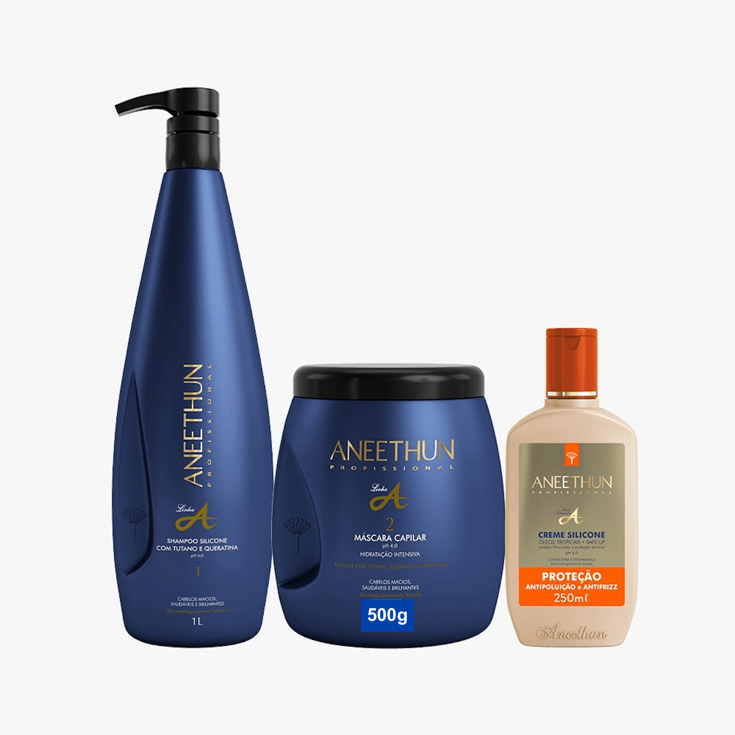 Kit Aneethun Linha A - Shampoo 1L + Máscara 500g + Creme de Silicone Proteção 250ml