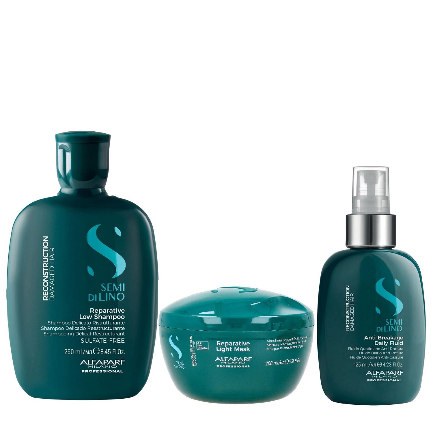 Kit Alfaparf Semi Di Lino Reconstruction - Shampoo 250ml + Máscara Suave 200ml + Fluído 125ml