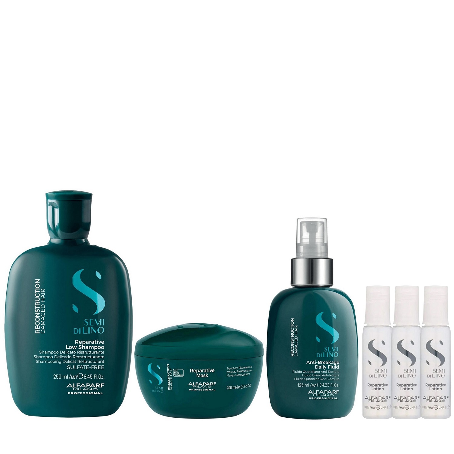 Kit Alfaparf Semi Di Lino Reconstruction - Shampoo 250ml + Máscara 200ml + Fluído 125ml + 3x Ampola 13ml