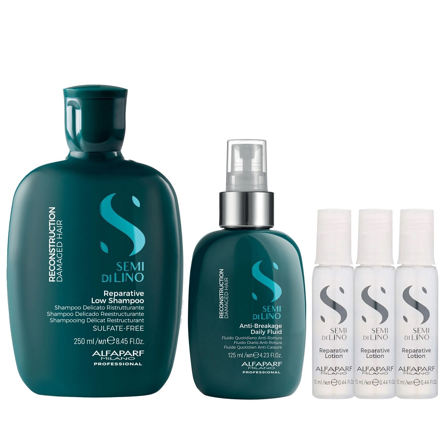 Kit Alfaparf Semi Di Lino Reconstruction - Shampoo 250ml + Fluído 125ml + 3x Ampola 13ml