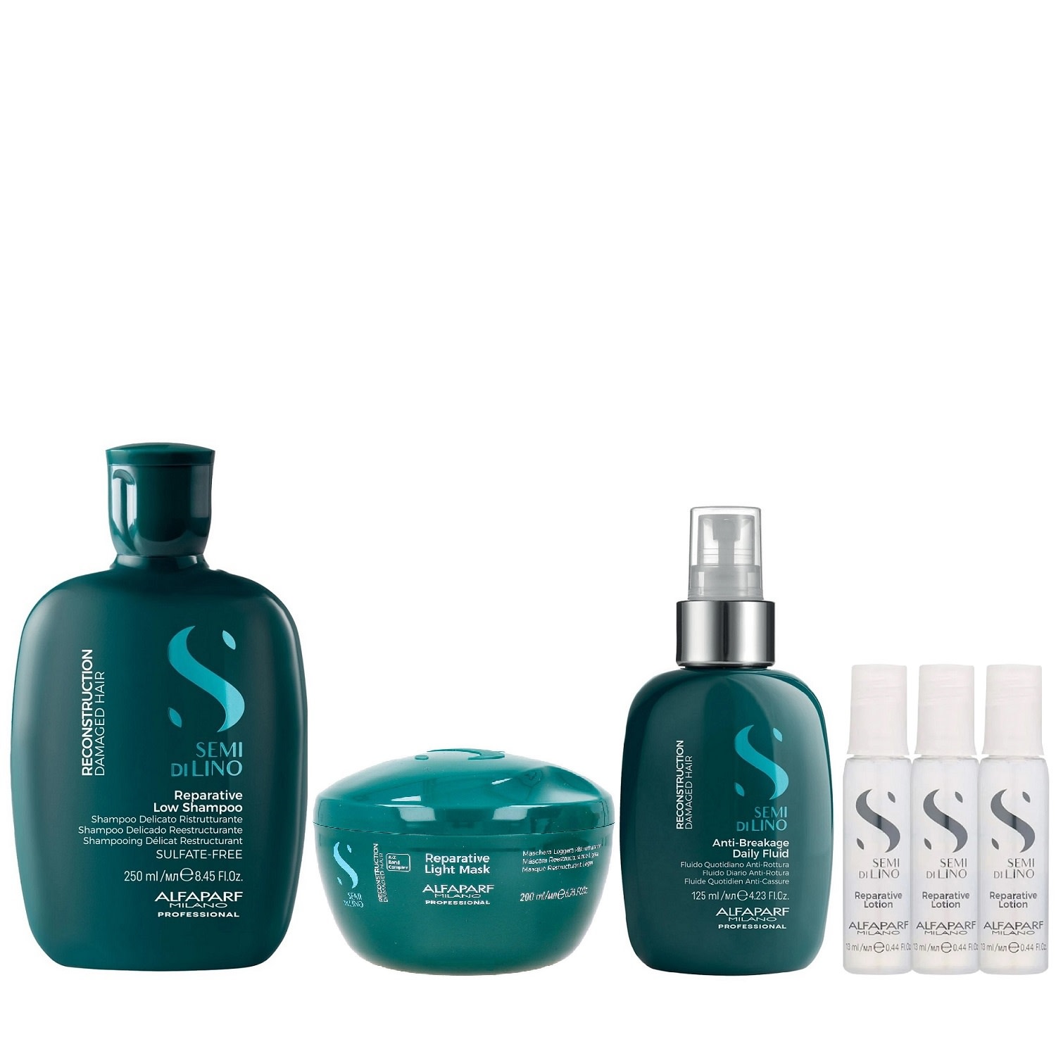 Kit Alfaparf Semi Di Lino Reconstruction - Shampoo 250ml + M?cara Suave 200ml + Flu?o 125ml + 3x Ampola 13ml