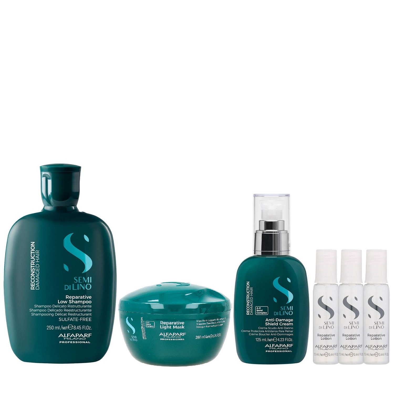 Kit Alfaparf Semi Di Lino Reconstruction - Shampoo 250ml + Máscara Suave 200ml + Creme 125ml + 3x Ampola 13ml