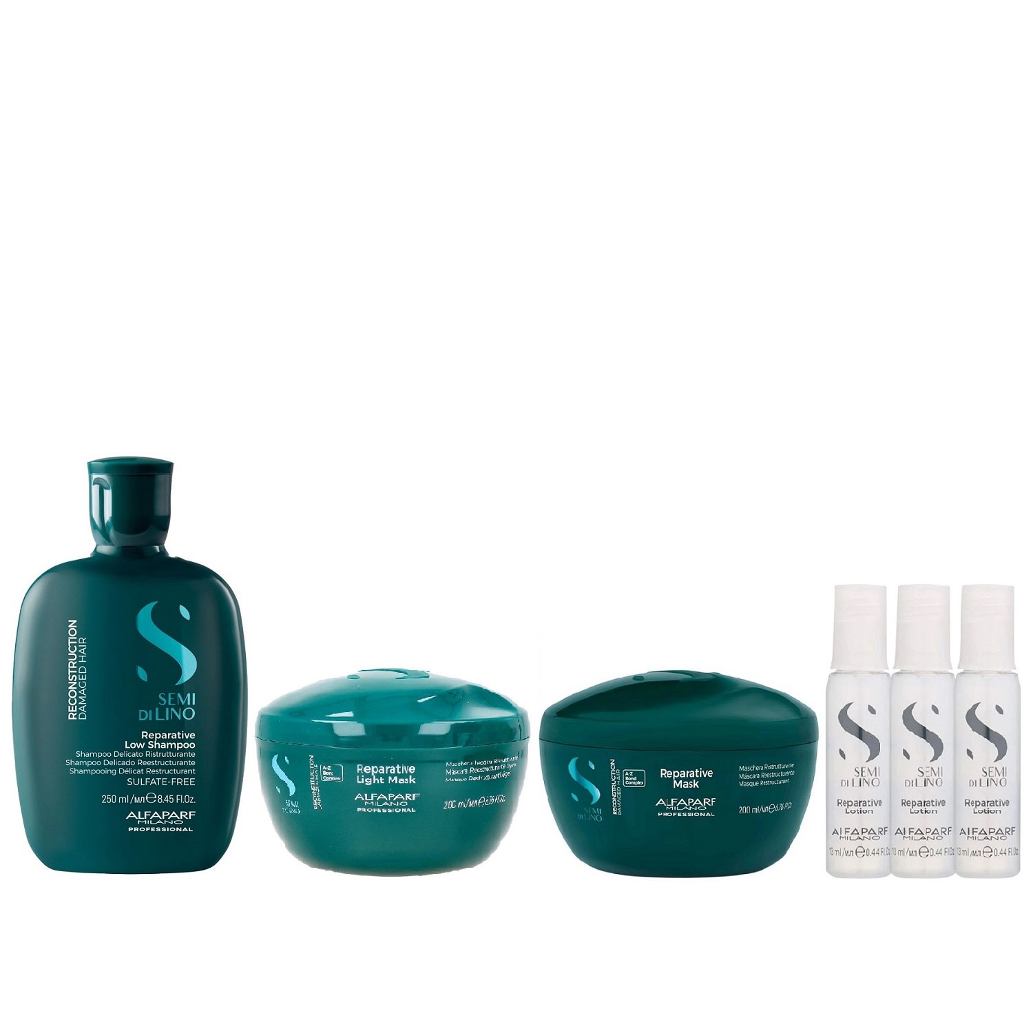 Kit Alfaparf Semi Di Lino Reconstruction - Shampoo 250ml + Máscara 200ml + Máscara Suave 200ml + 3x Ampola 13ml