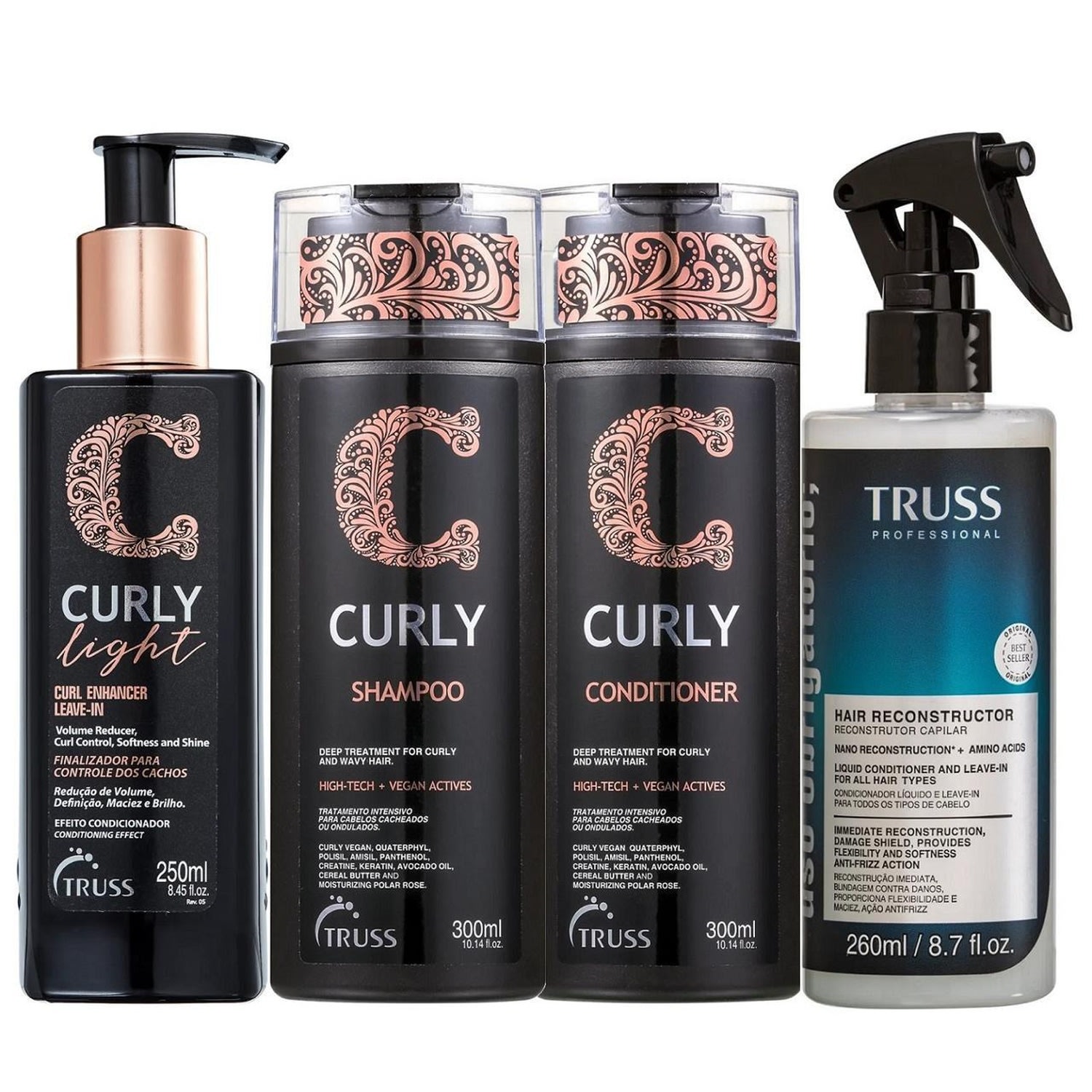 Kit Truss Curly - Shampoo 300ml + Condicionador 300ml + Leave-In Light 250ml + Uso Obrigatório 260ml