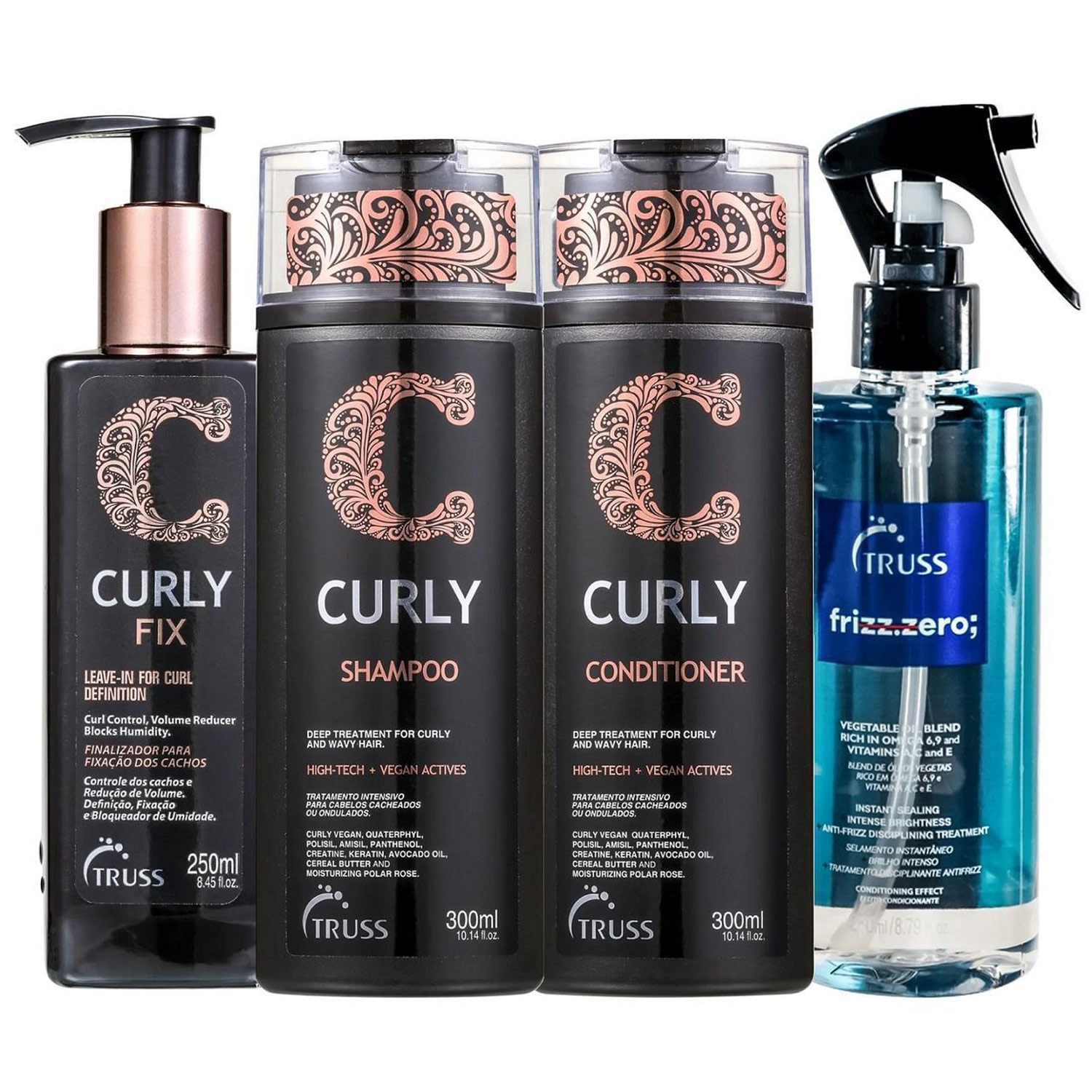 Kit Truss Curly - Shampoo 300ml + Condicionador 300ml + Leave-in Fix 250ml + Frizz Zero 260ml