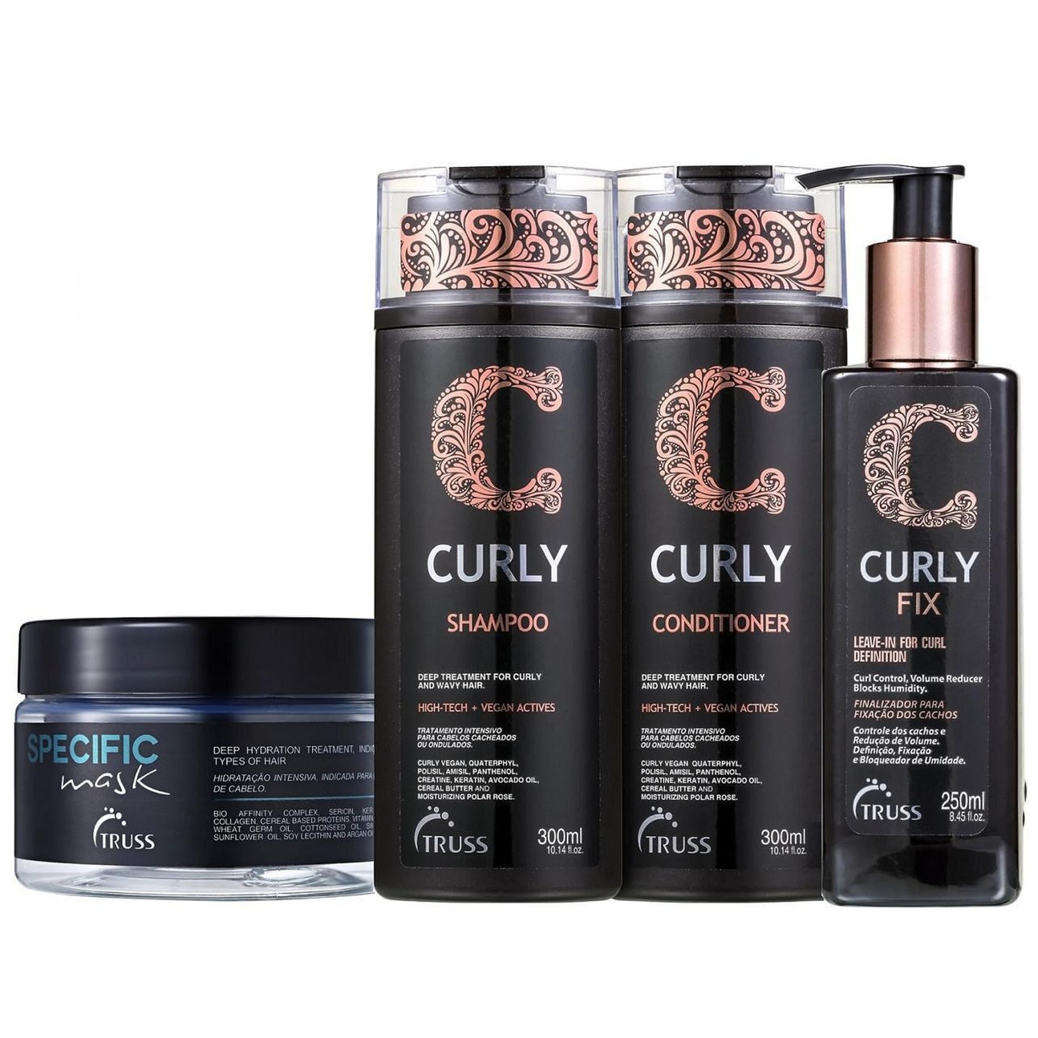 Kit Truss Curly - Shampoo 300ml + Condicionador 300ml + Leave-in Fix 250ml + Máscara Specifc 180g