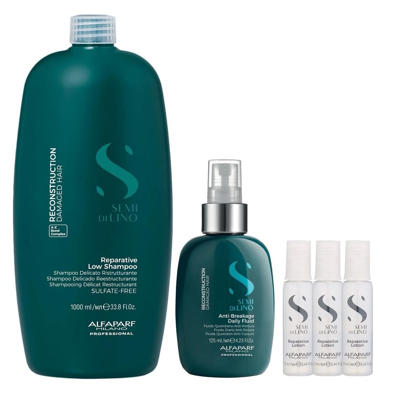 Kit Alfaparf Semi Di Lino Reconstruction - Shampoo 1L + Fluído 125ml + 3x Ampola 13ml