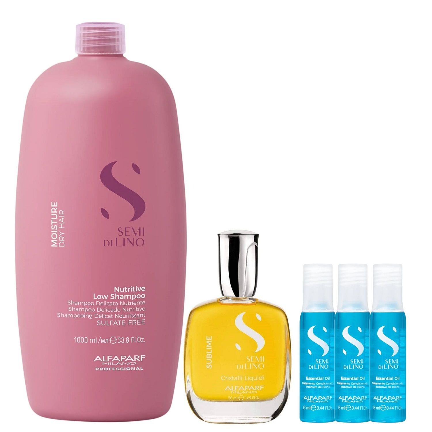 Kit Alfaparf Semi Di Lino Moisture - Shampoo 1L + Cristalli 50ml + 3x Ampola 13ml