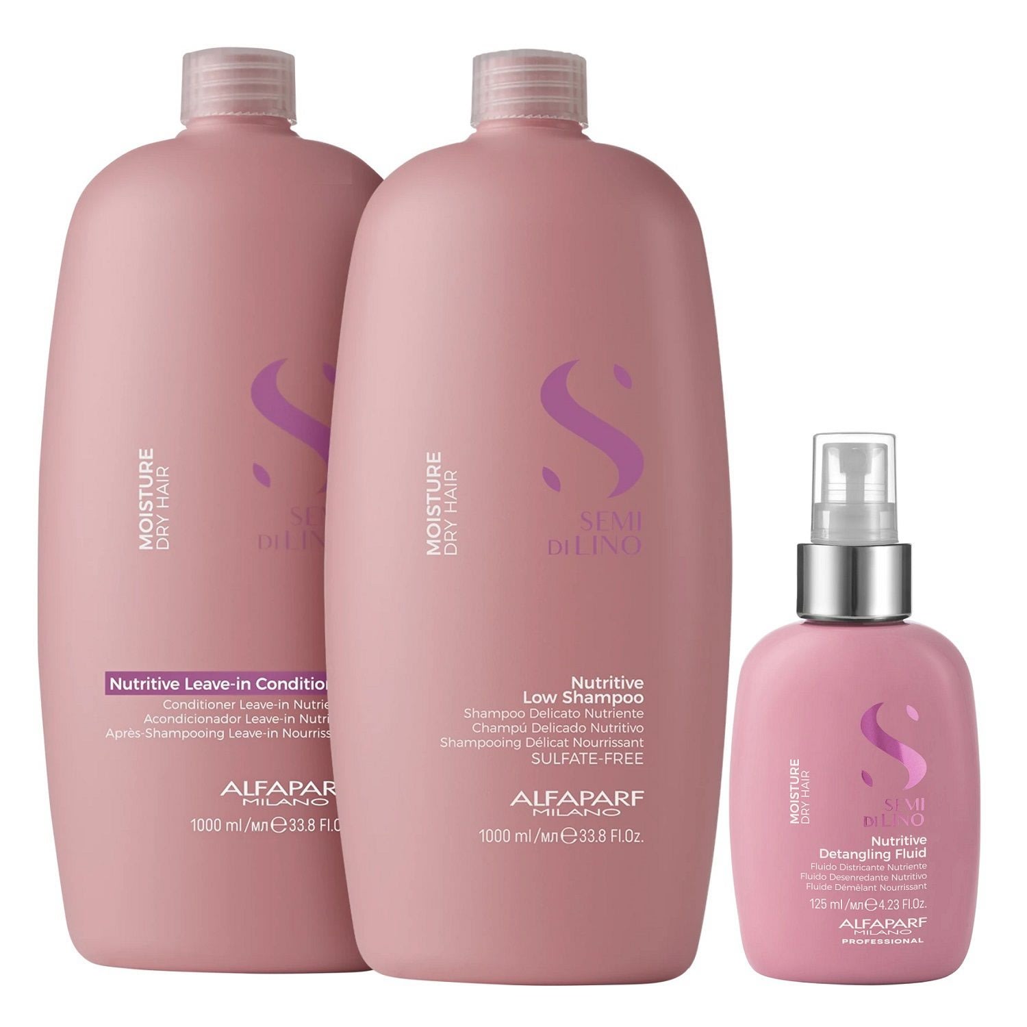 Kit Alfaparf Semi Di Lino Moisture - Shampoo 1L + Leave in Condicionador 1L + Fluído 125ml