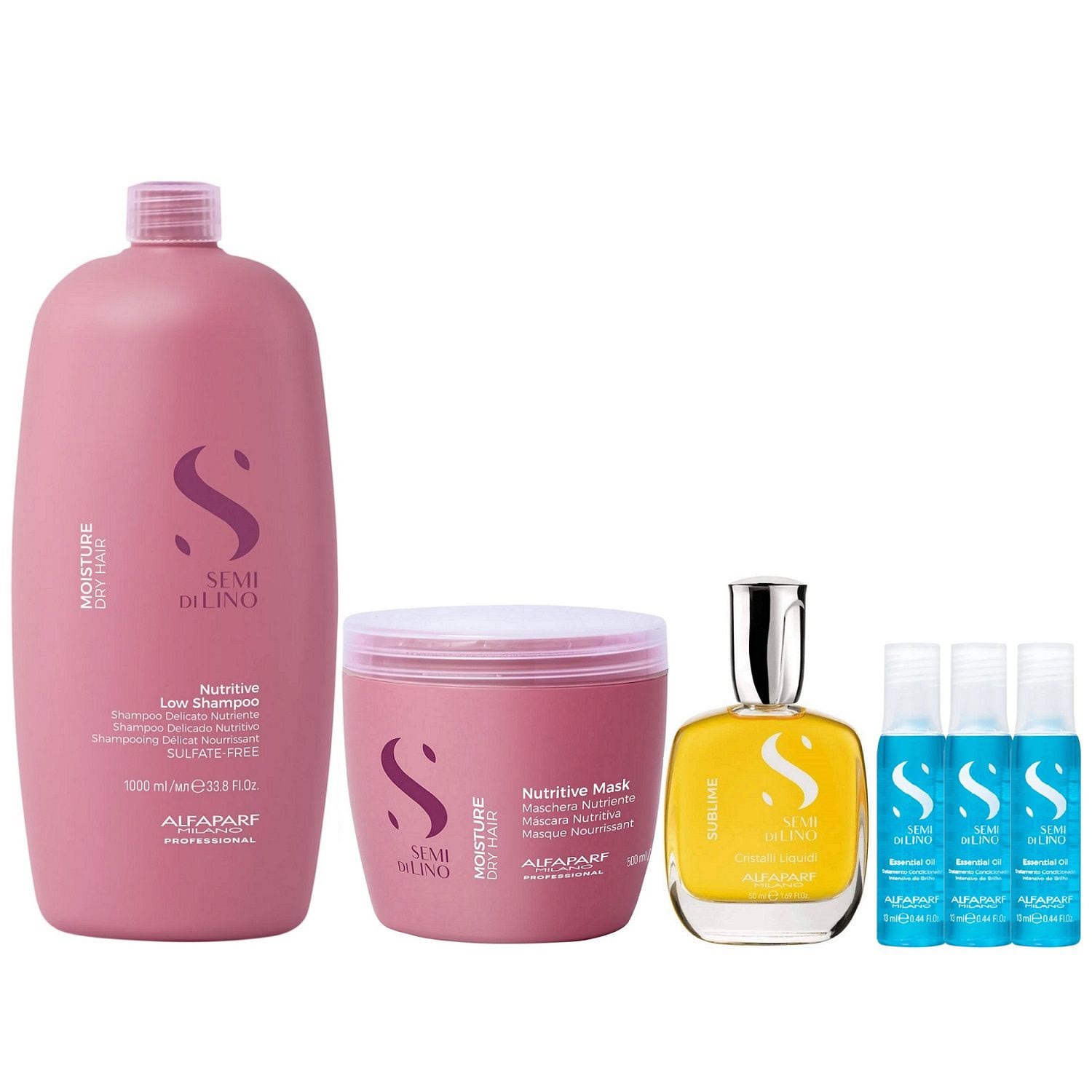Kit Alfaparf Semi Di Lino Moisture - Shampoo 1L + Máscara 500ml + Cristalli 50ml + 3x Ampola 13ml