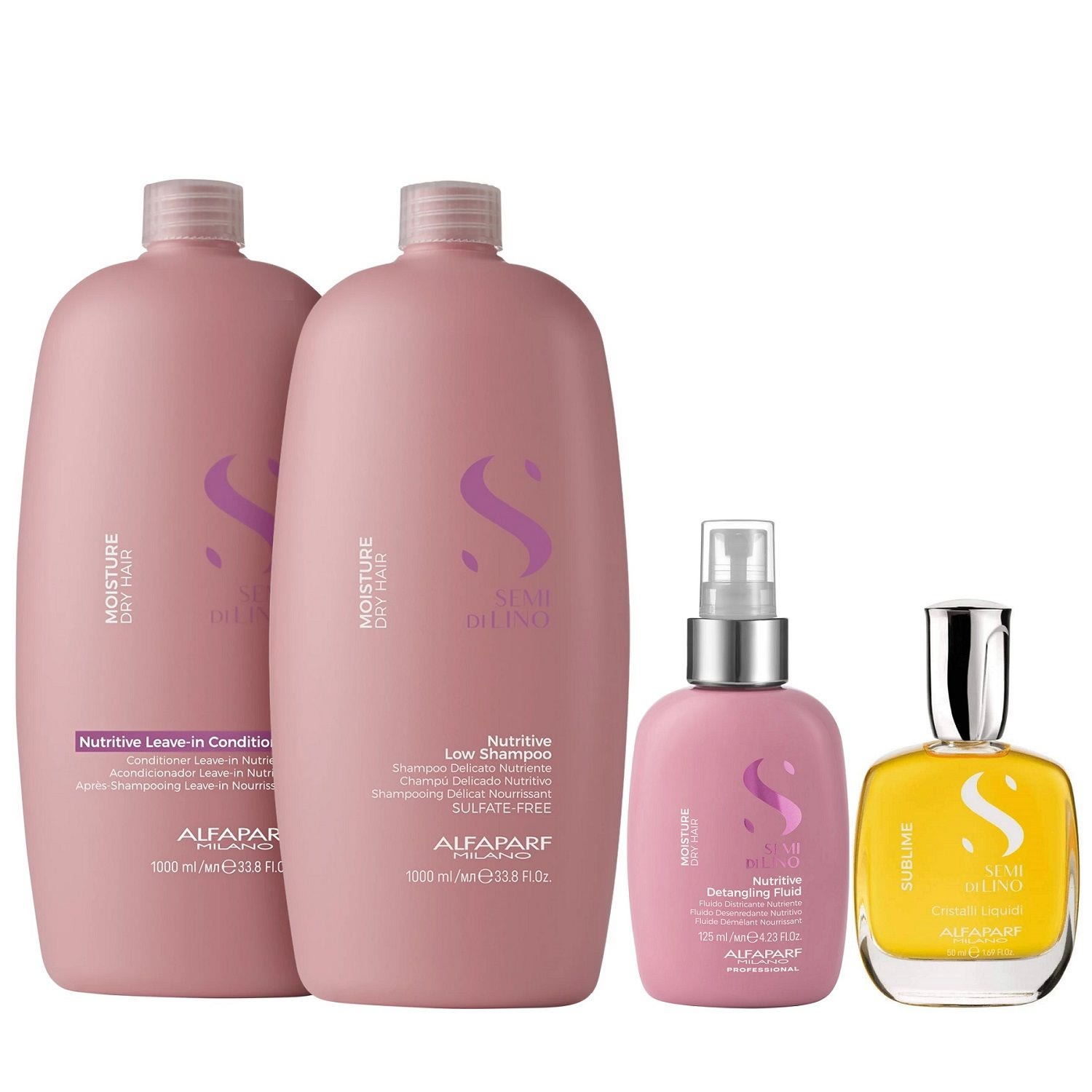 Kit Alfaparf Semi Di Lino Moisture - Shampoo 1L + Leave in Condicionador 1L + Fluído 125ml + Cristalli 50ml