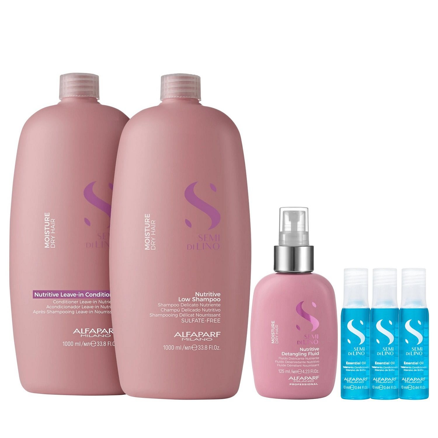 Kit Alfaparf Semi Di Lino Moisture - Shampoo 1L + Leave in Condicionador 1L + Fluído 125ml + 3x Ampola 13ml