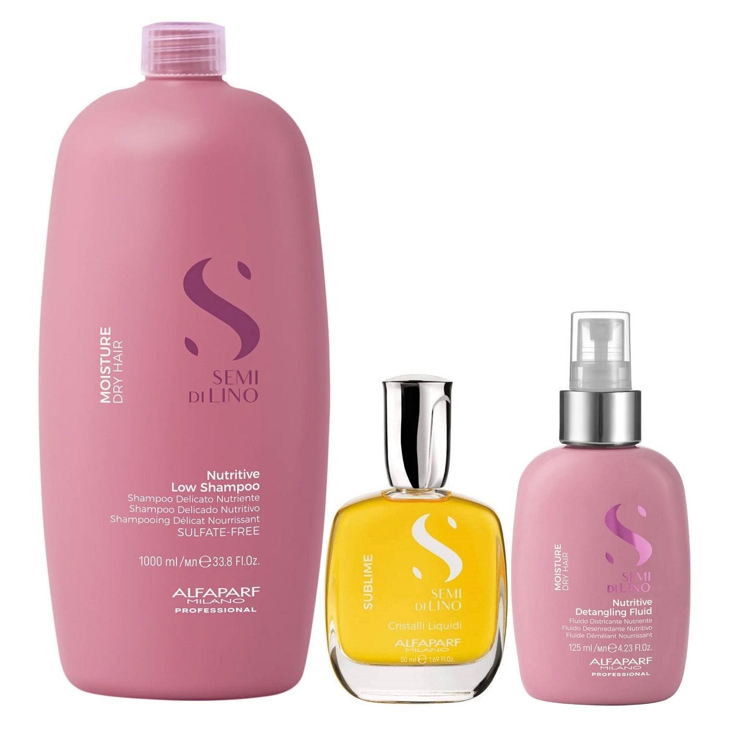 Kit Alfaparf Semi Di Lino Moisture - Shampoo 1L + Fluído 125ml + Cristalli 50ml