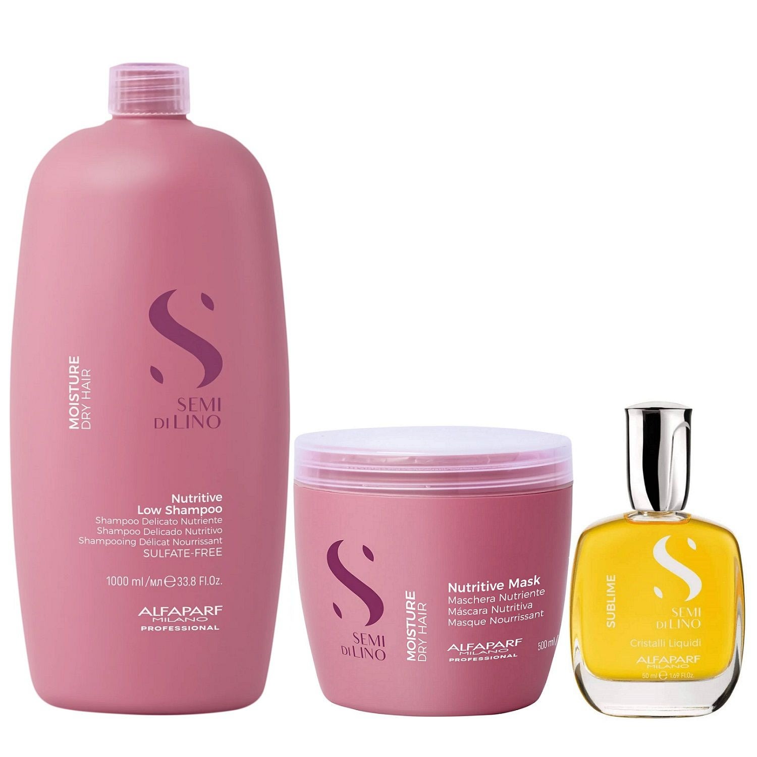 Kit Alfaparf Semi Di Lino Moisture - Shampoo 1L + Máscara 500ml + Cristalli 50ml