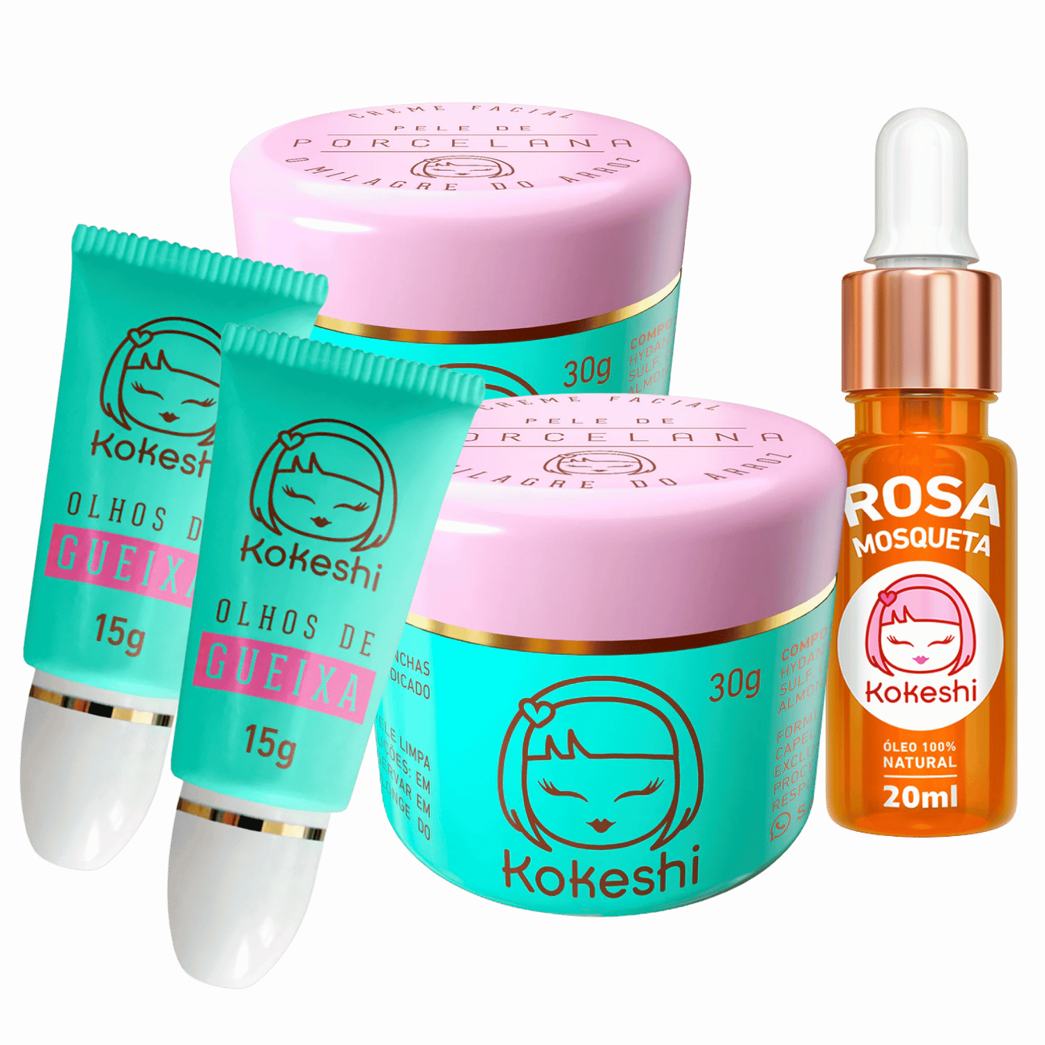 Renovadores Faciais Kokeshi + Óleo de Rosa Mosqueta Super Kit Pele de Porcelana Vidro