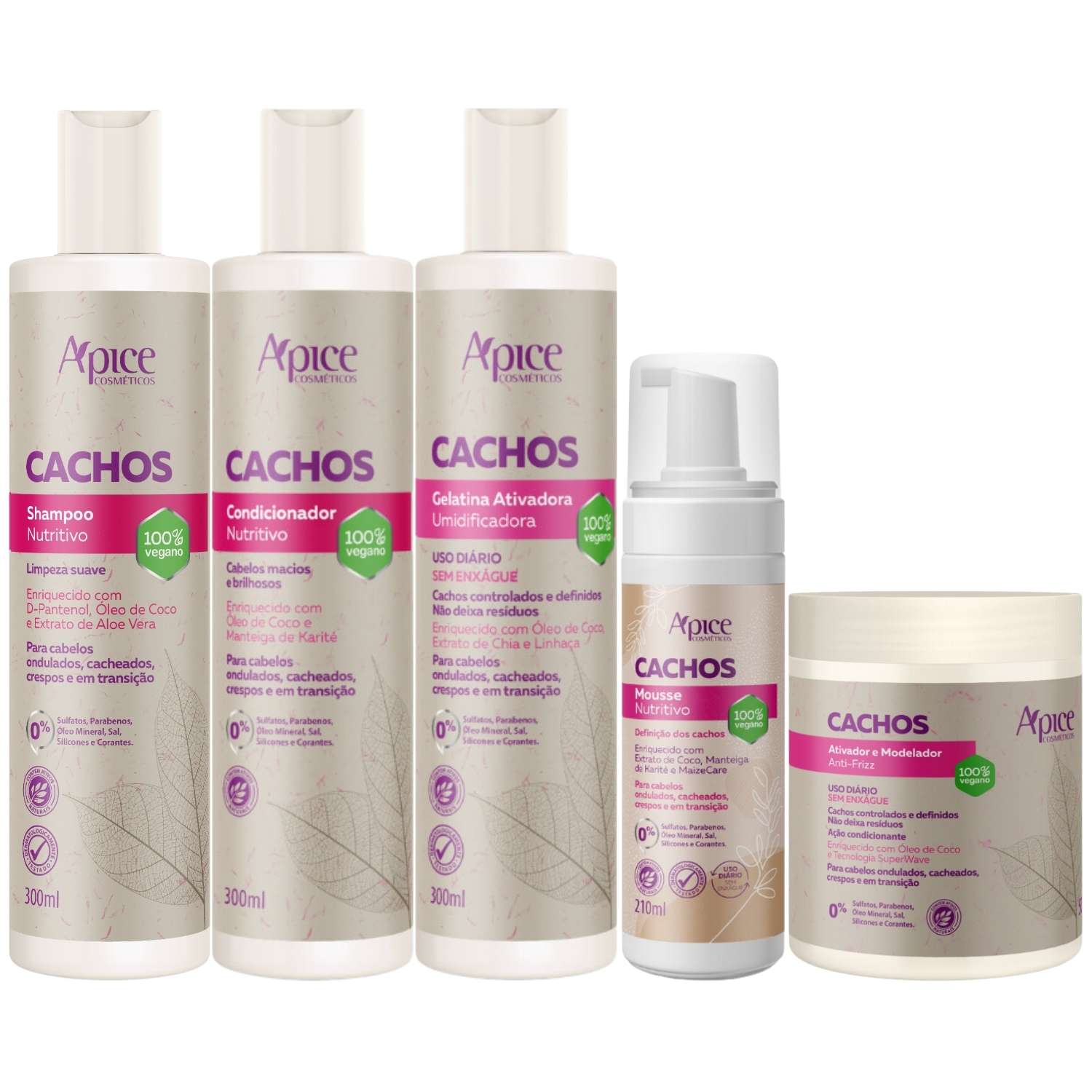 Kit Apice Cachos Shampoo + Condicionador + Gelatina + Ativador + Mousse Definição Vegano Completo