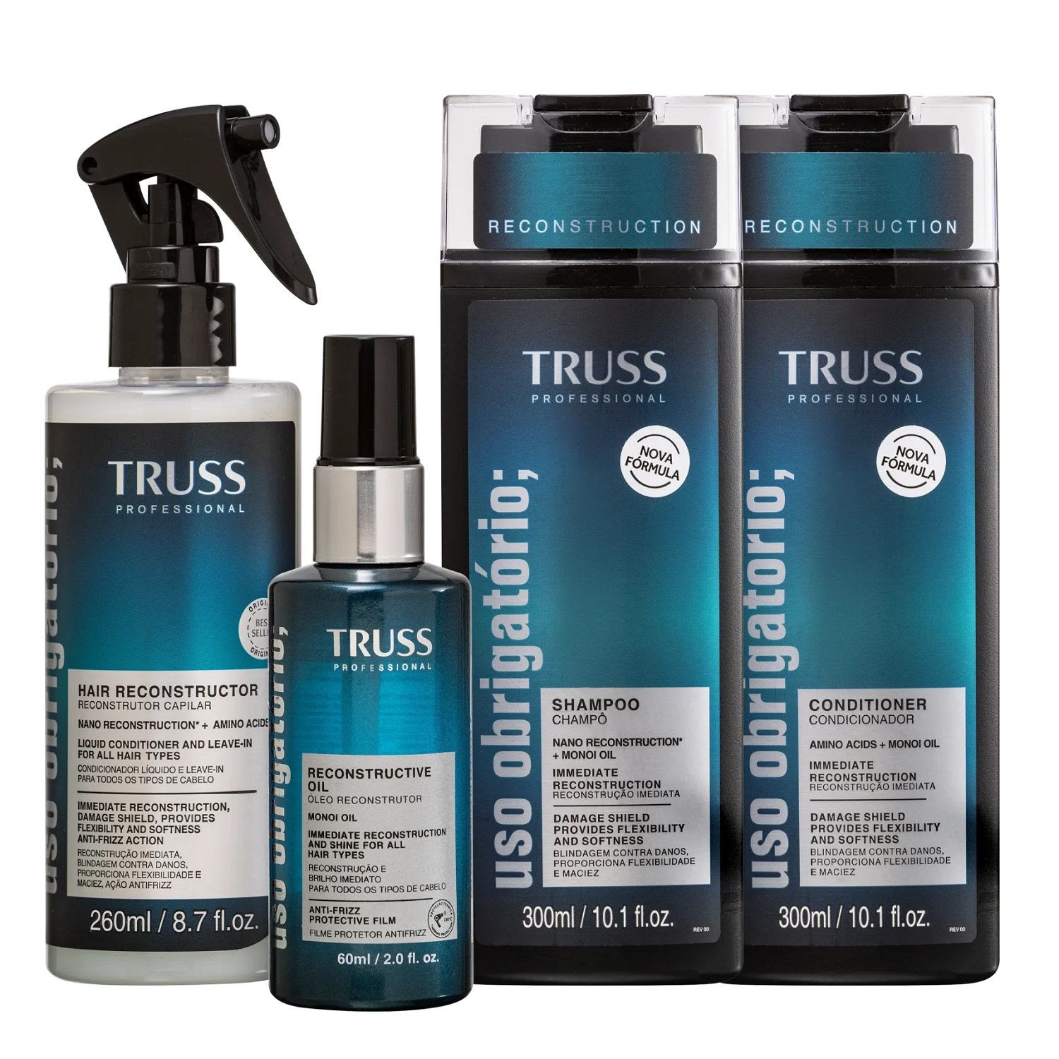 Kit Truss Uso Obrigatório - Shampoo 250ml + Condicionador 250ml + Leave-in 260ml + Óleo 60ml
