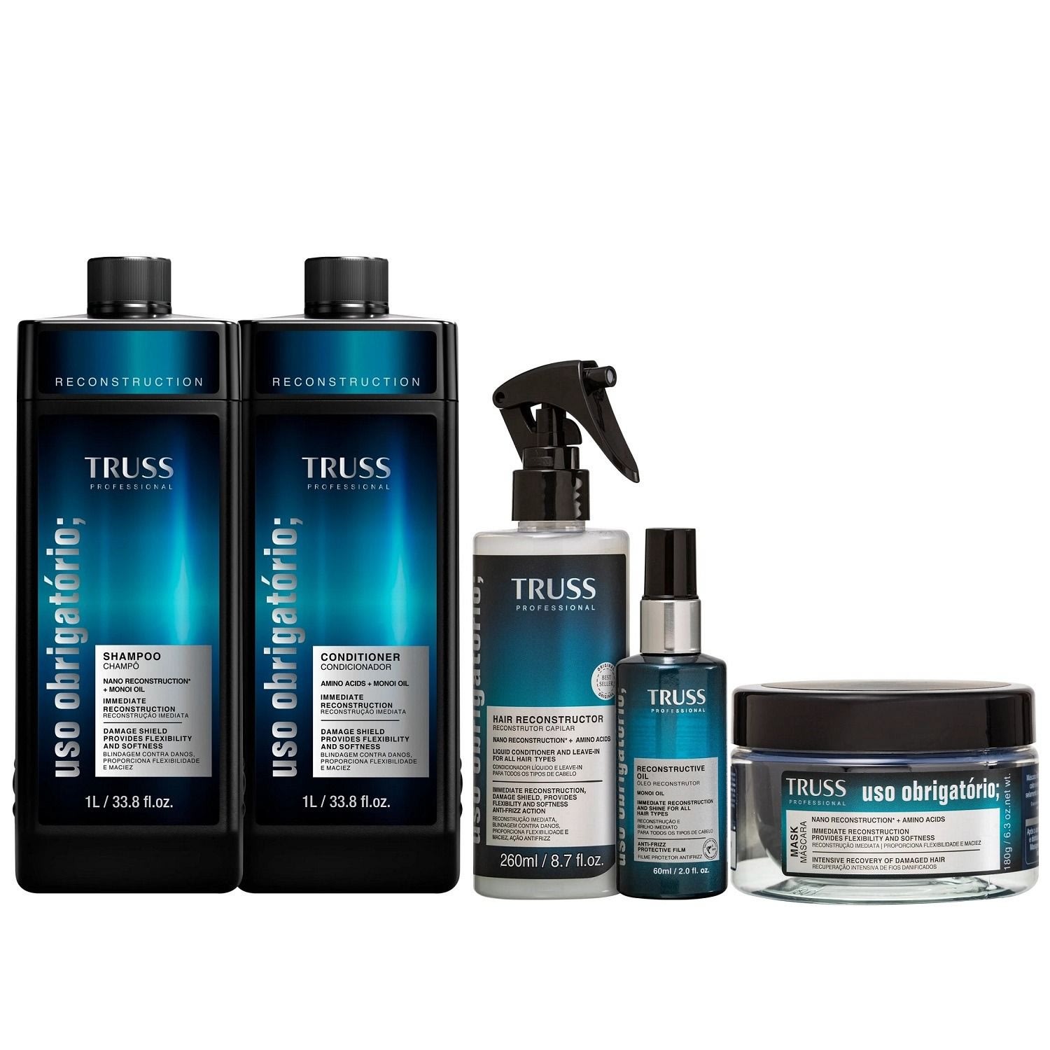 Kit Truss Uso Obrigatório - Shampoo 1L + Condicionador 1L + Máscara 180g + Leave-in 260ml + Óleo 60ml