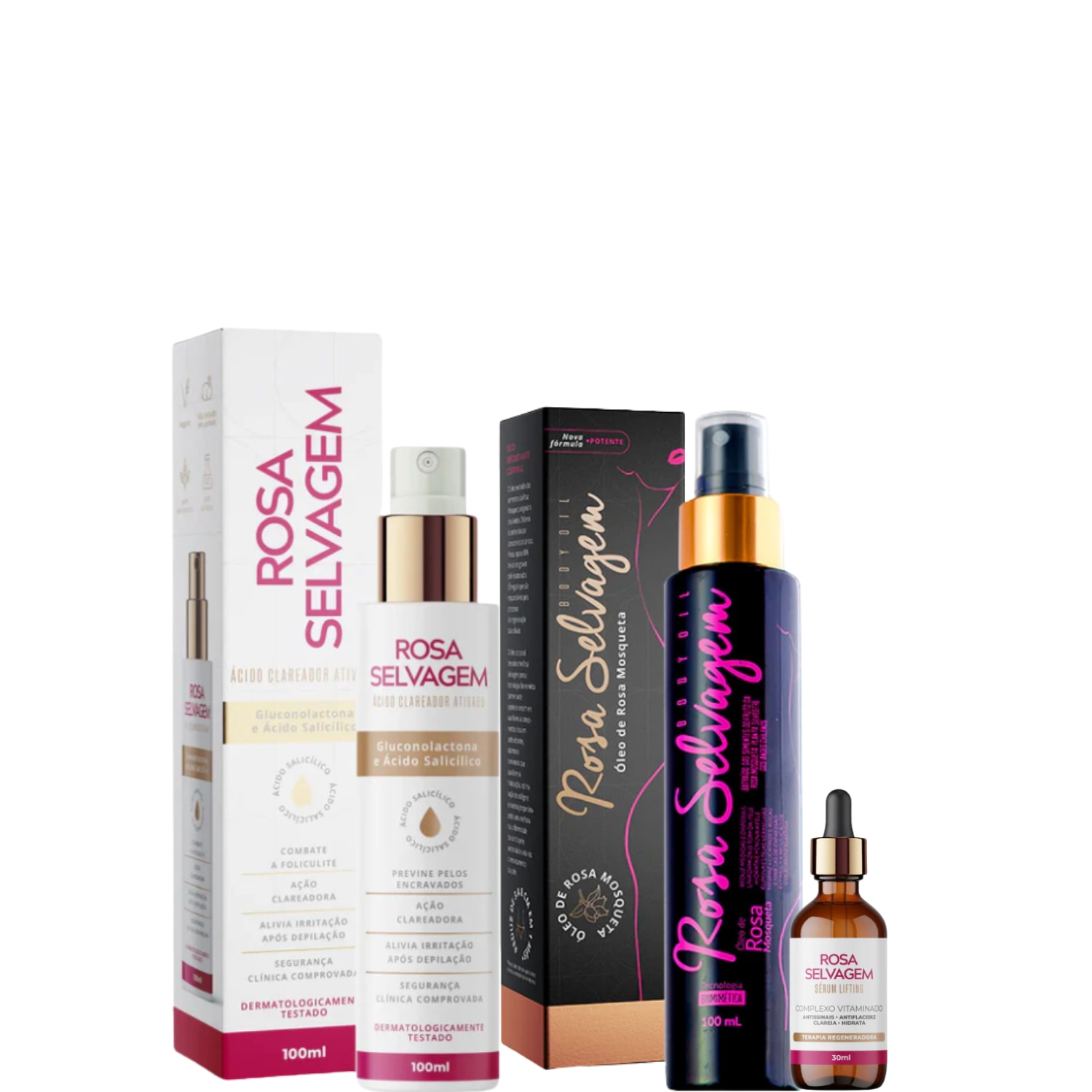 Kit Rosa Selvagem Ácido + Óleo Clareador + Sérum Lifting