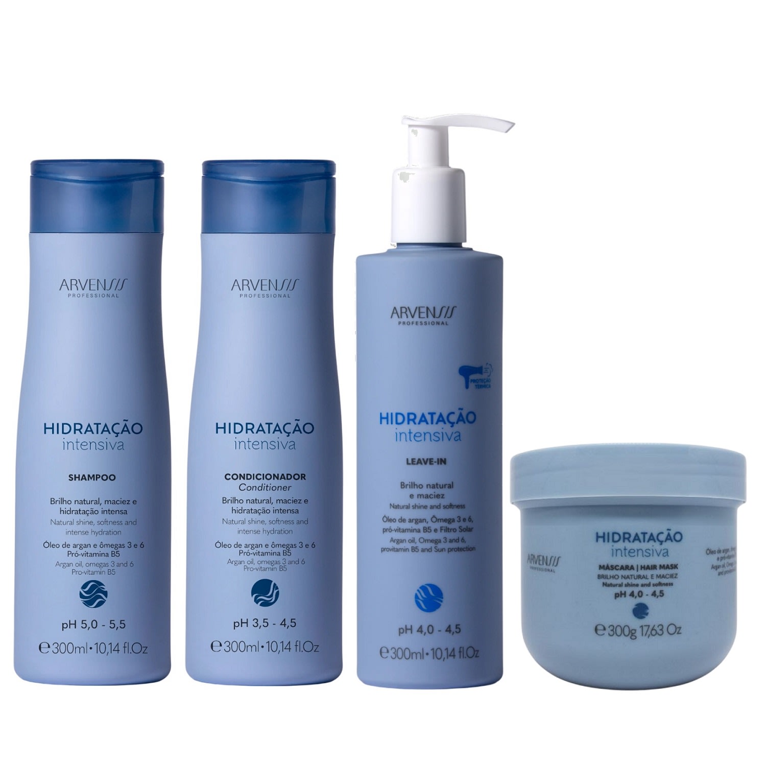 Kit Arvensis Hidratação Intensiva: Shampoo 300ml e Condicionador 300ml e Leave-in 300ml e Máscara 300ml