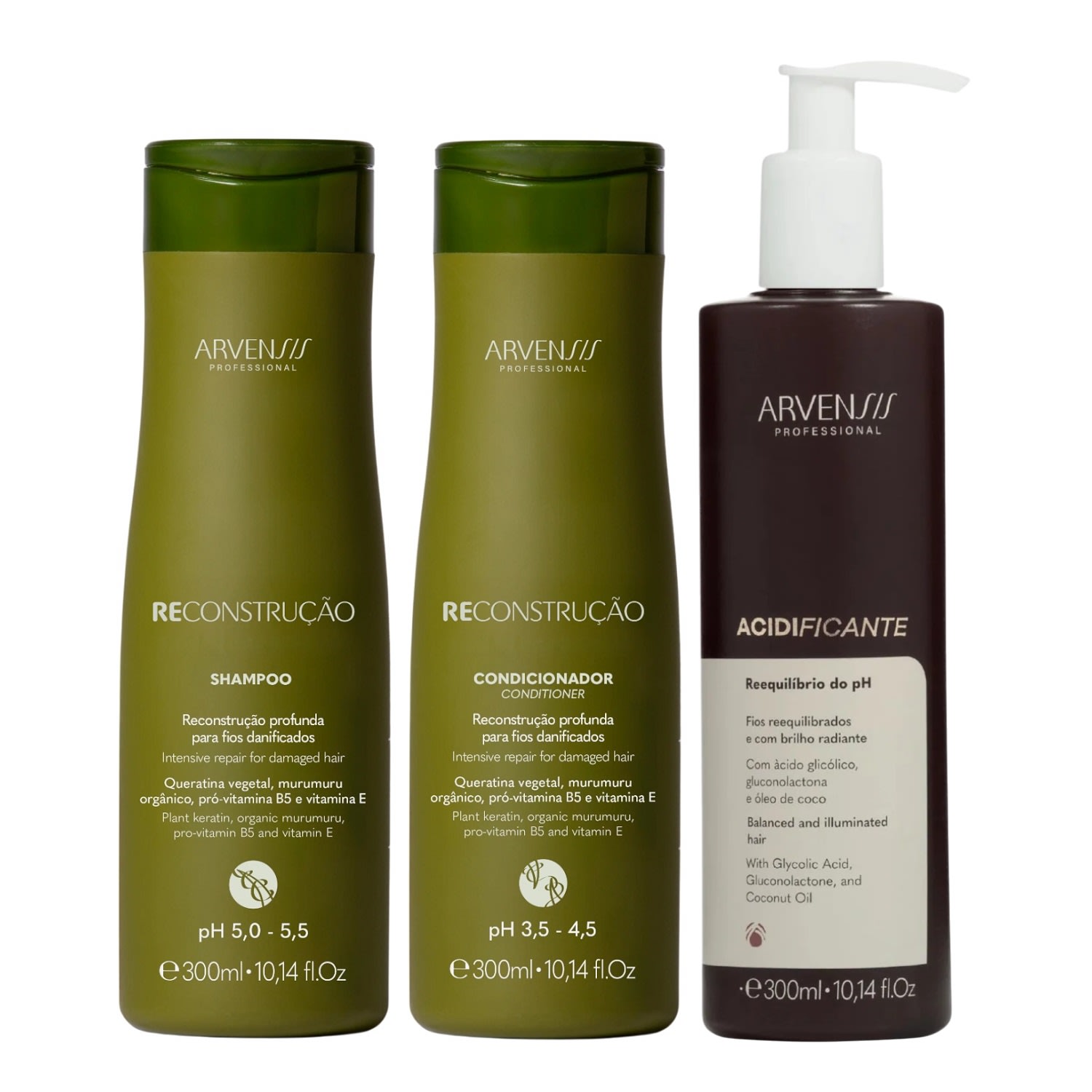 Kit Arvensis Reconstrução - Shampoo 300ml e Condicionador 300ml e Acidificante 300ml