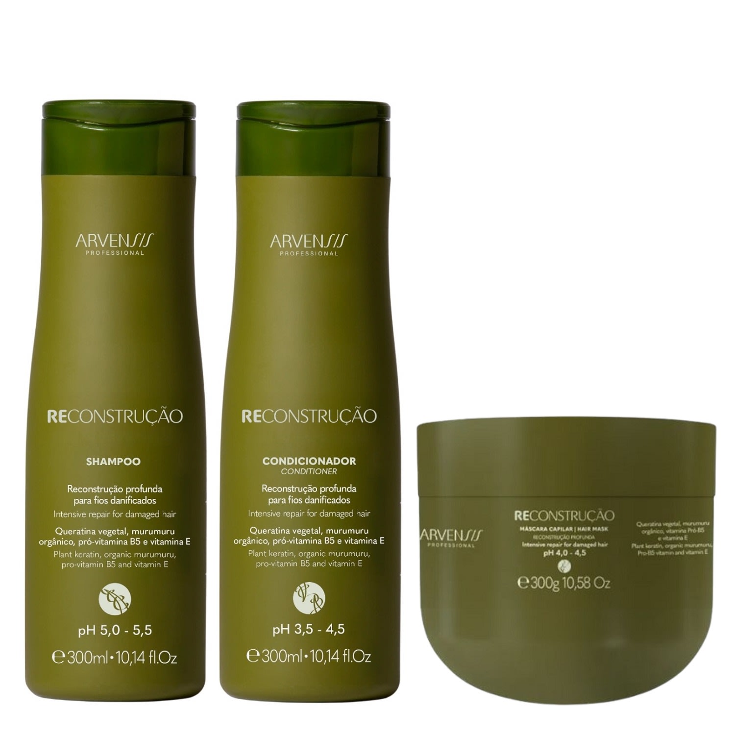 Kit Arvensis Reconstrução - Shampoo 300ml e Condicionador 300ml e Máscara 300ml