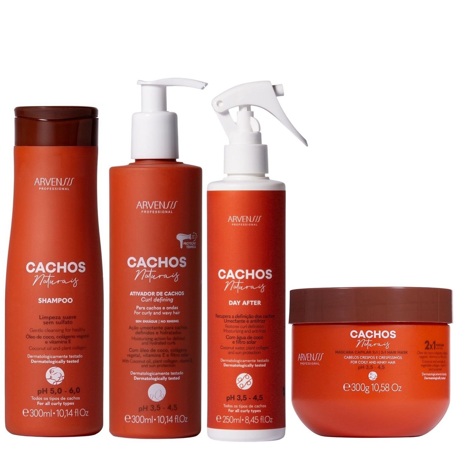 Kit Arvensis Professional Cachos Naturais - Shampoo 300ml + Ativador 300ml + Day After 250ml + Máscara 2x1 300g