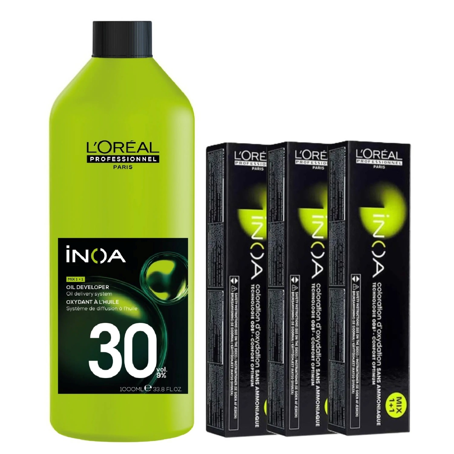 Kit L'Oréal Professionnel Inoa - Oxidante 30 Volumes 1000ml + 03 tinturas - Coloração nº 6 - Louro Escuro