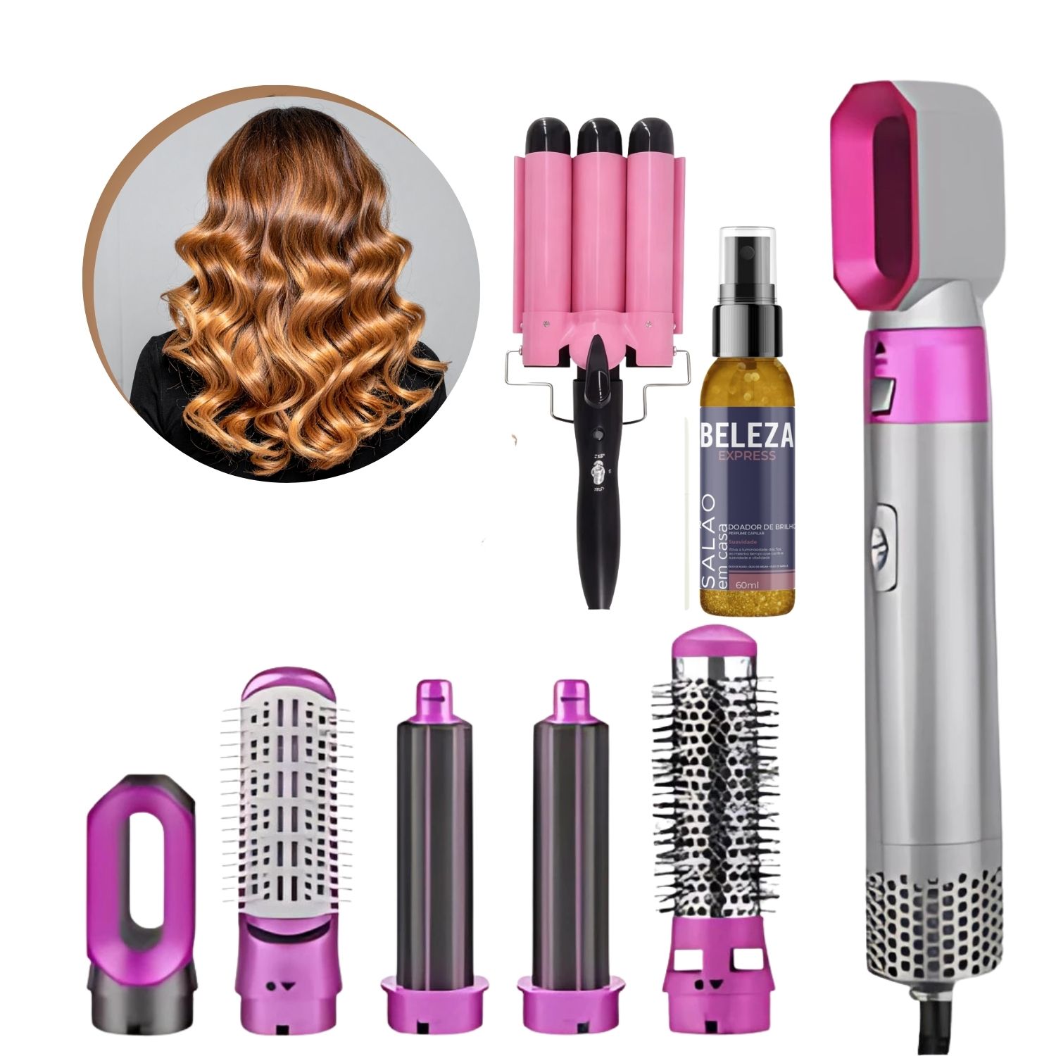 Kit secador 5 em 1, spray de brilho e modelador triondas