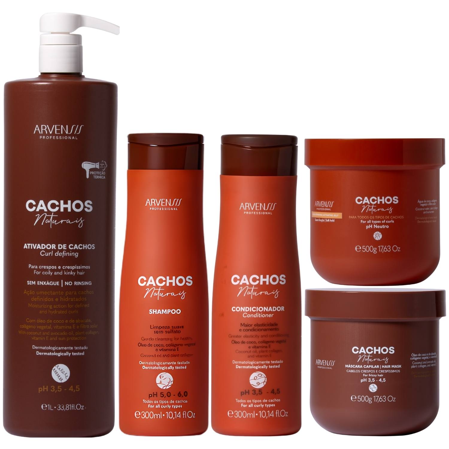 Kit Arvensis Cachos Naturais Tratamento Completo 5 Produtos Cabelos Crespos C/ Ativador Grande 1L