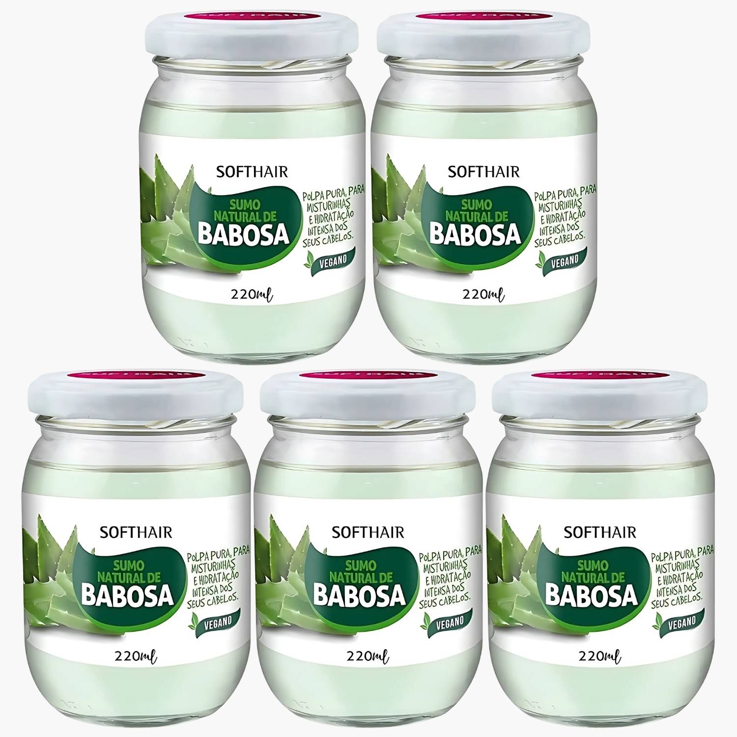 Kit 5 Sumo De Babosa Soft Hair Polpa Pura Natural Hidratação Intensa Capilar Vegano 220ml