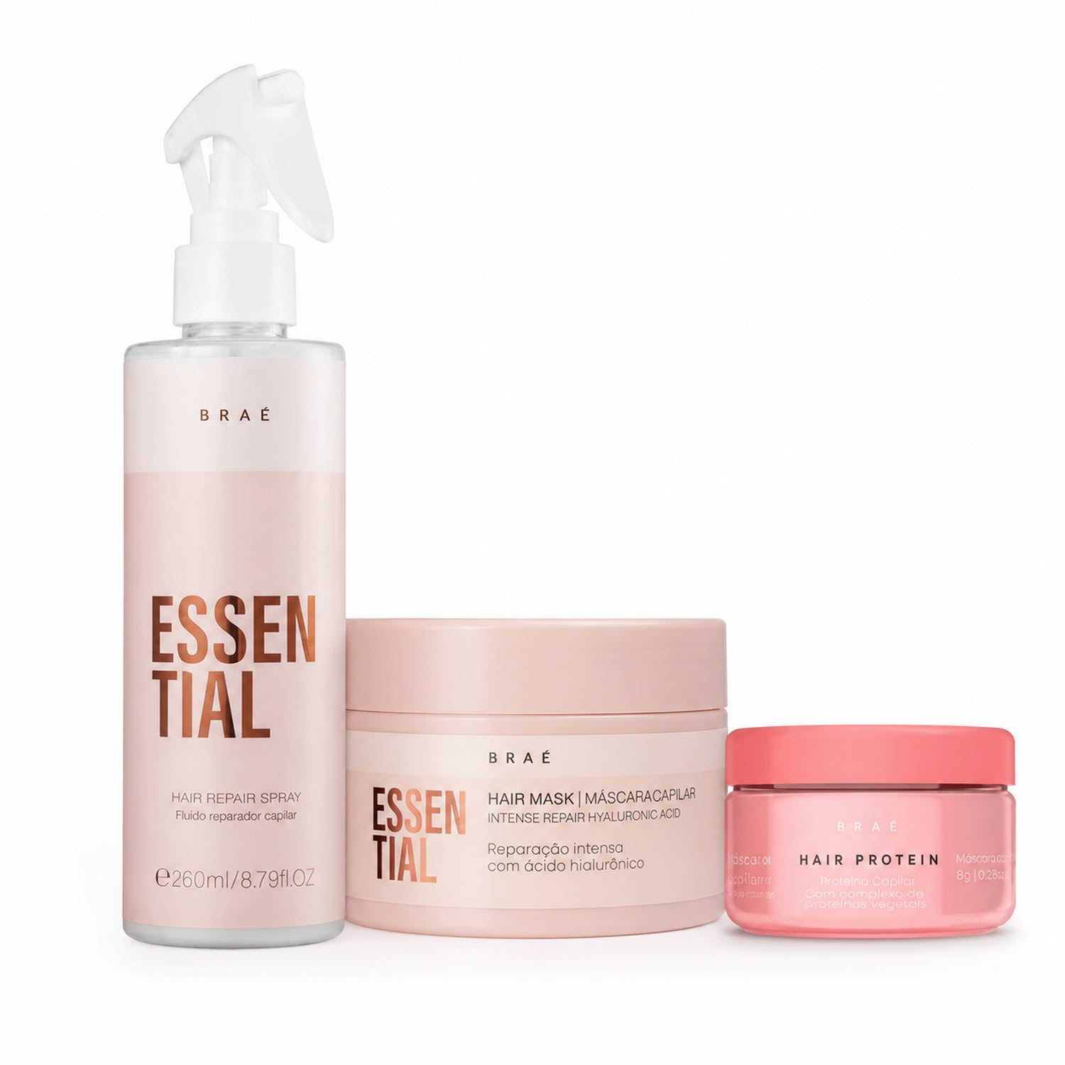 Kit Braé Essential Máscara, Fluido Reparador e Hair Protein – 3 Produtos