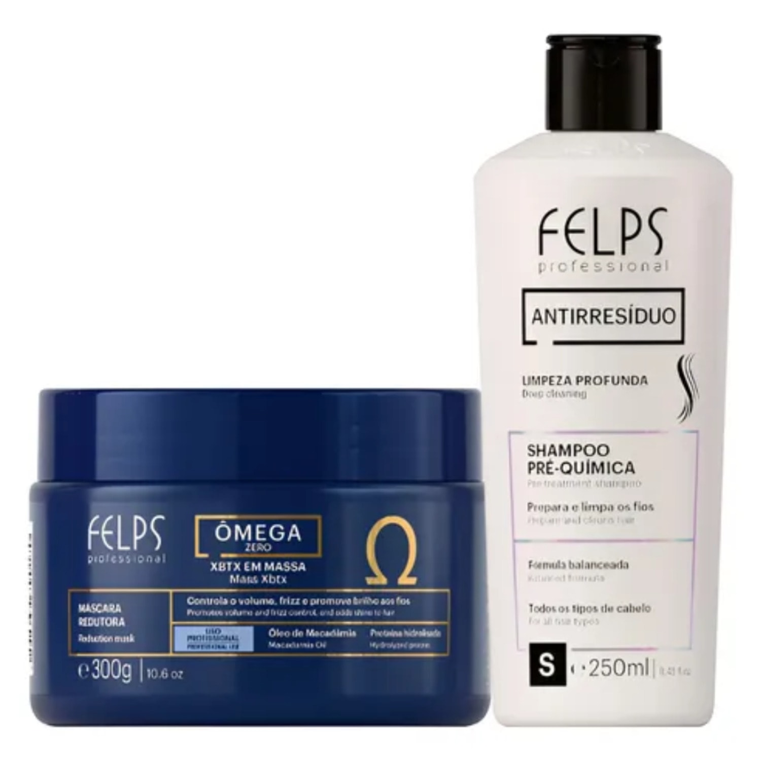 Kit Shampoo Antirresíduos 250ml +XBTX Ômega 300g - Felps Profissional.