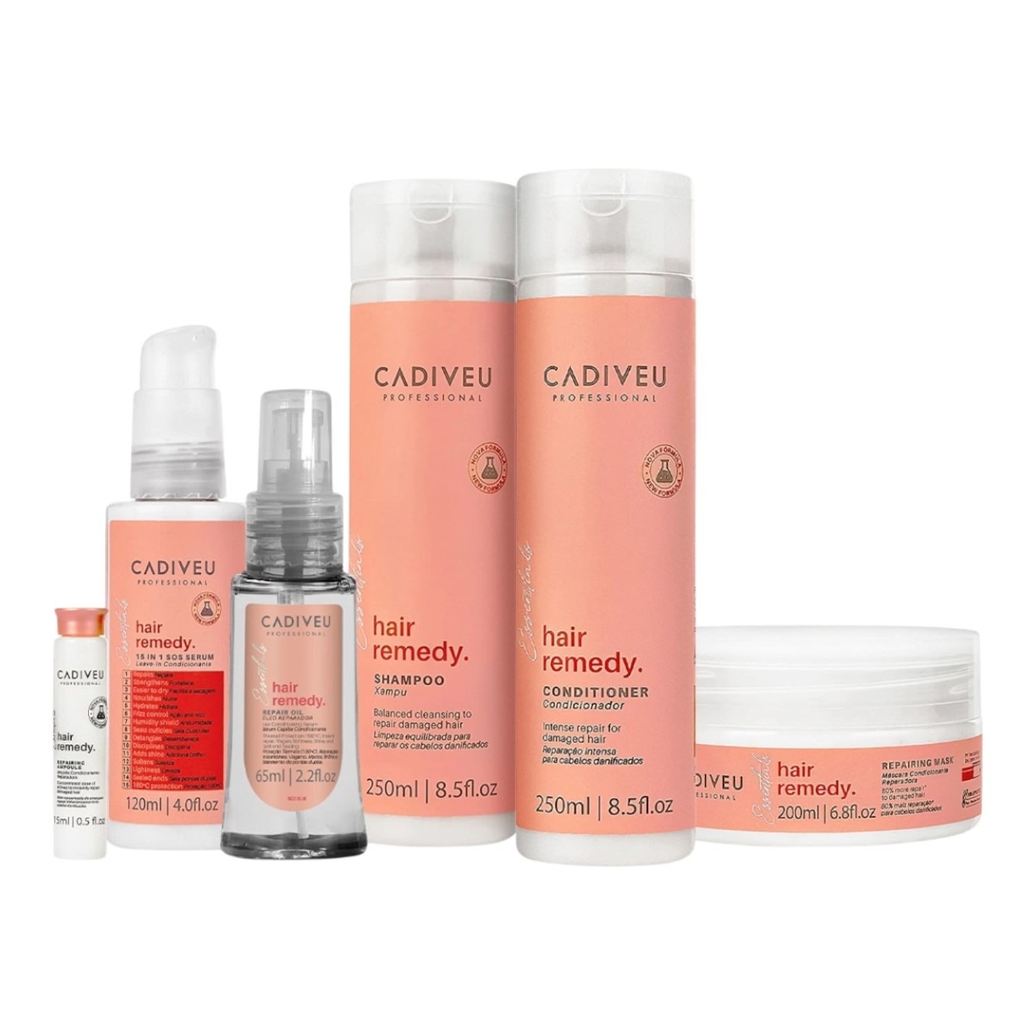 Kit Cadiveu Hair Remedy - Shampoo & Condicionador 250ml + Máscara 200ml + Leave-In 120ml + Óleo 65ml + Ampola 15ml