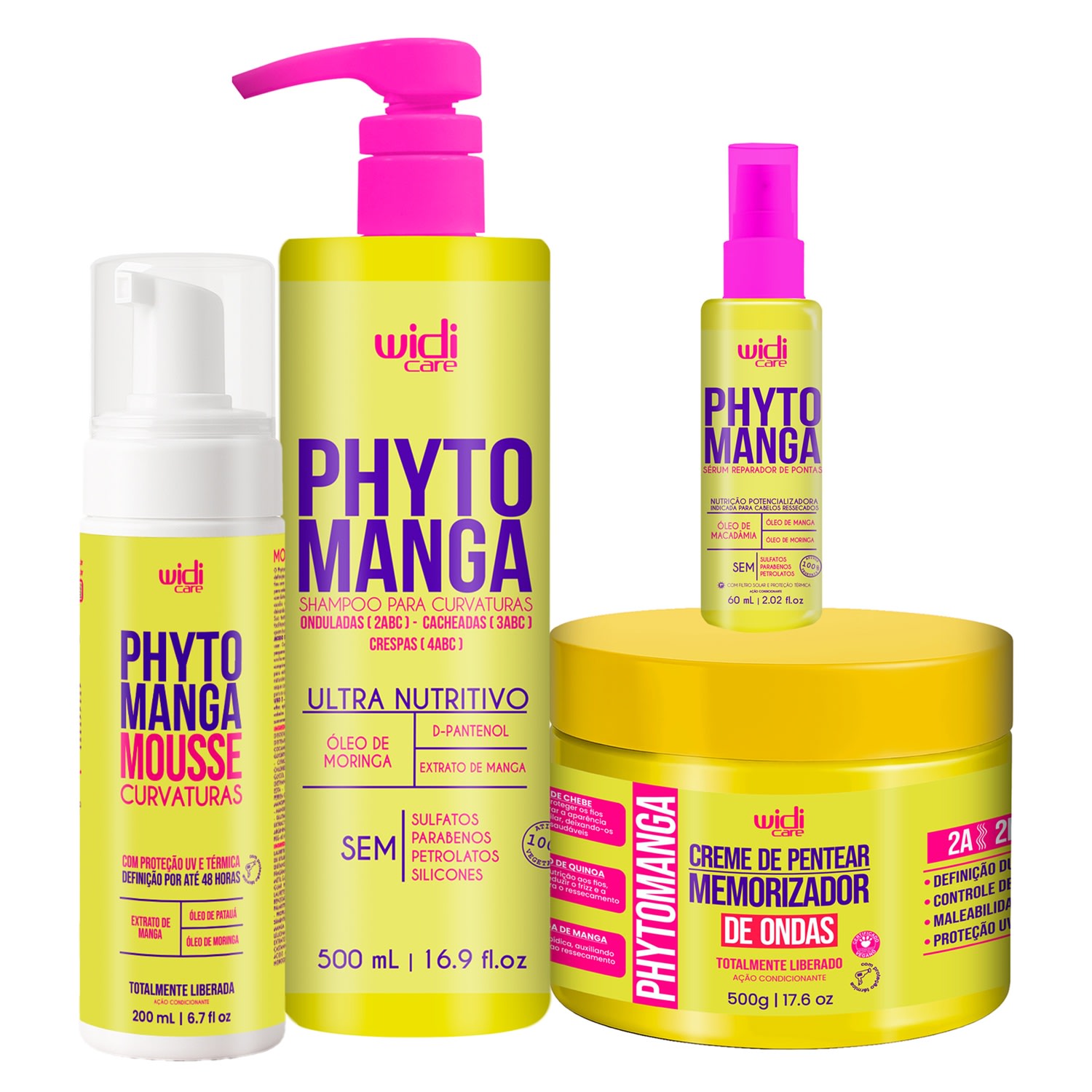 Kit Widi Care PhytoManga Curvas Shampoo, Creme p/Ondas, Mousse e Reparador