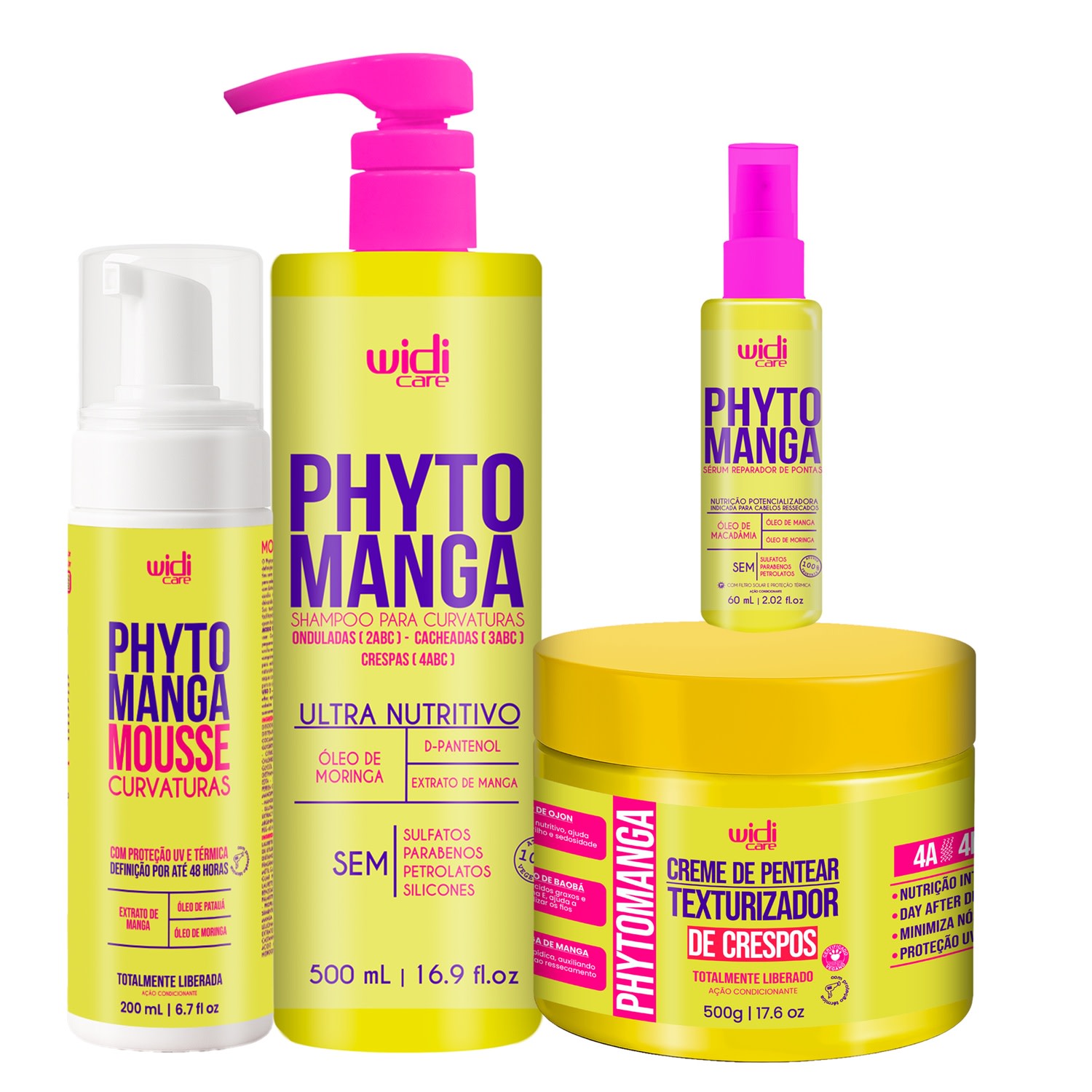 Kit Widi Care PhytoManga Curvas Shampoo, Creme p/Crespos, Mousse e Reparador